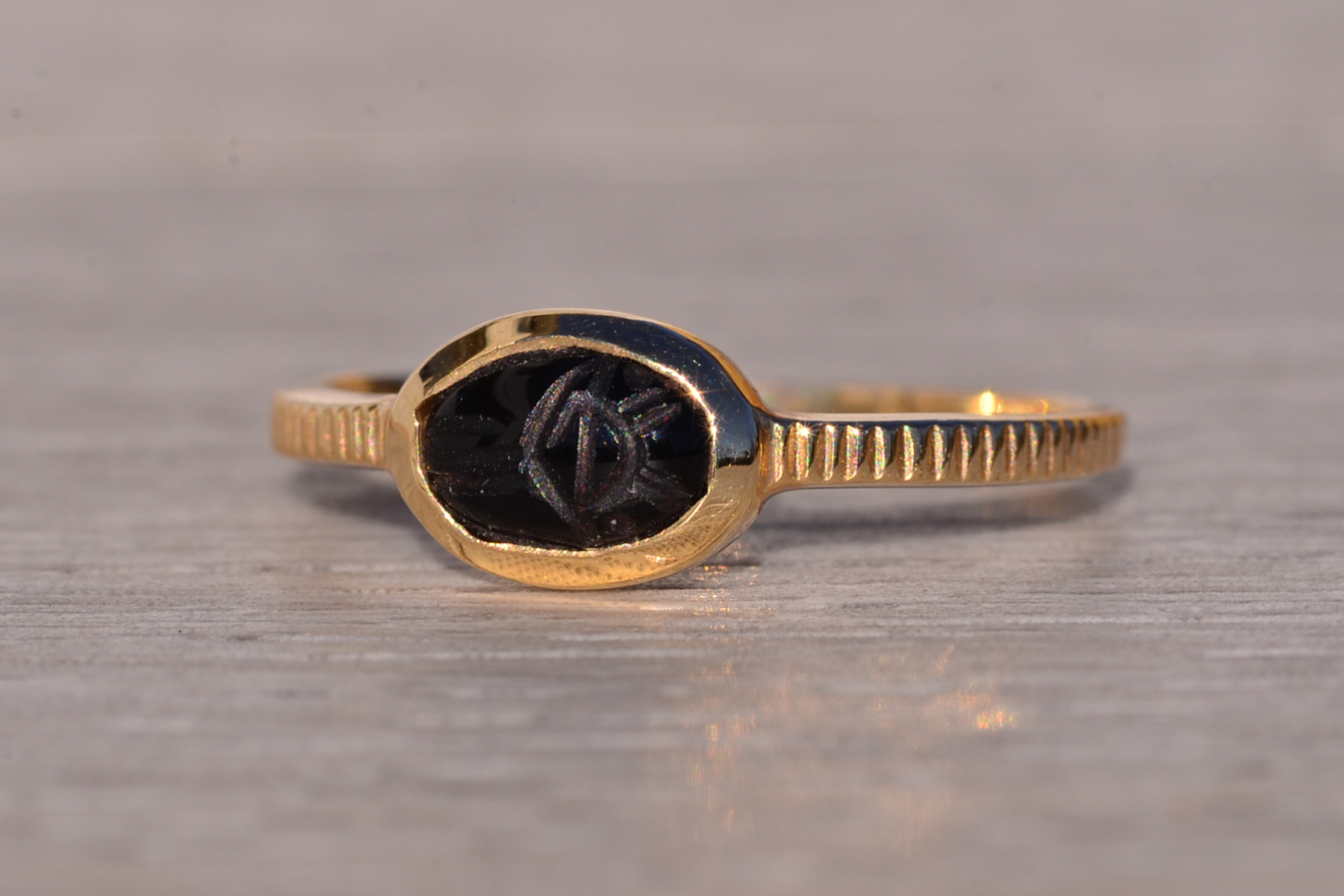 SOLD - The Egyptia: Black Onyx Scarab Ring in Yellow Gold - Image 3