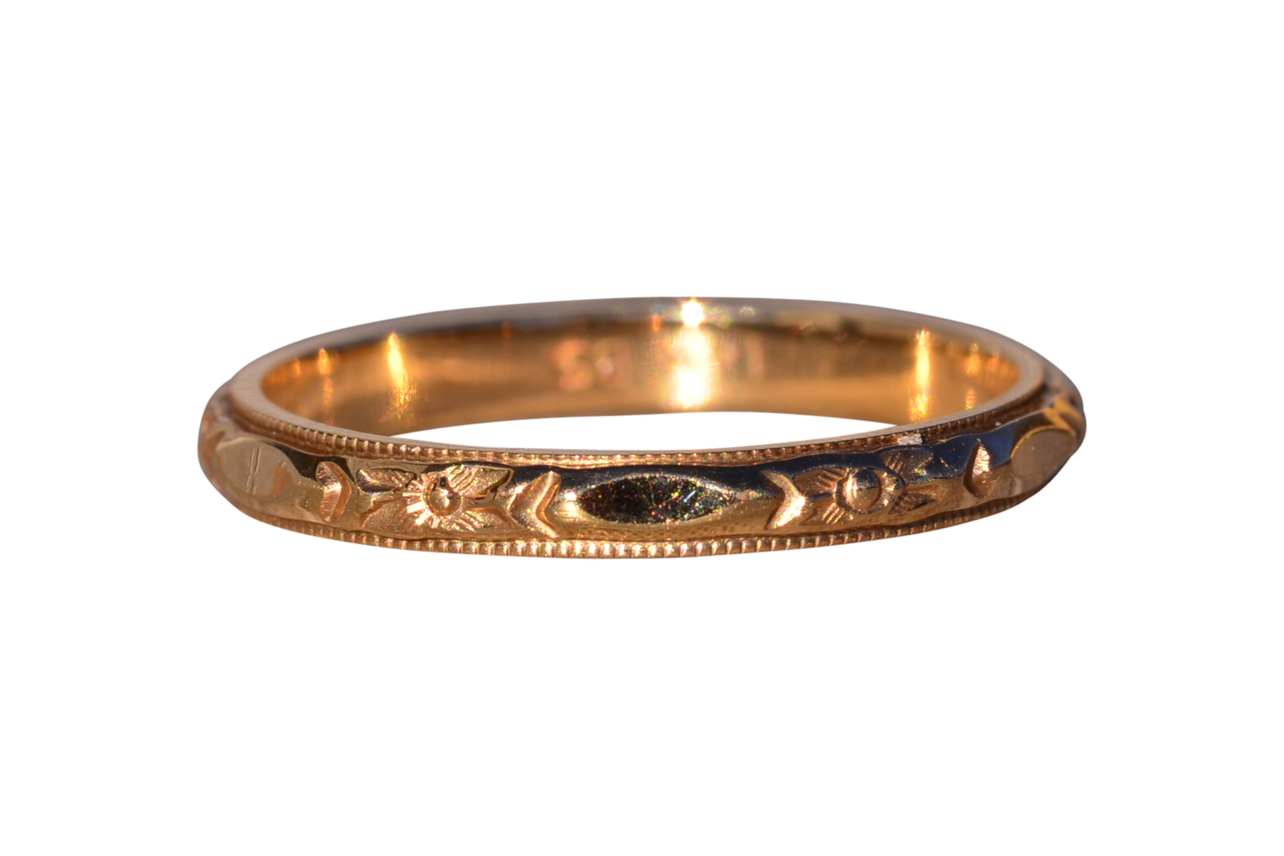 SOLD - The Lemur: Antique Yellow Gold Wedding Band With Hand Engraving