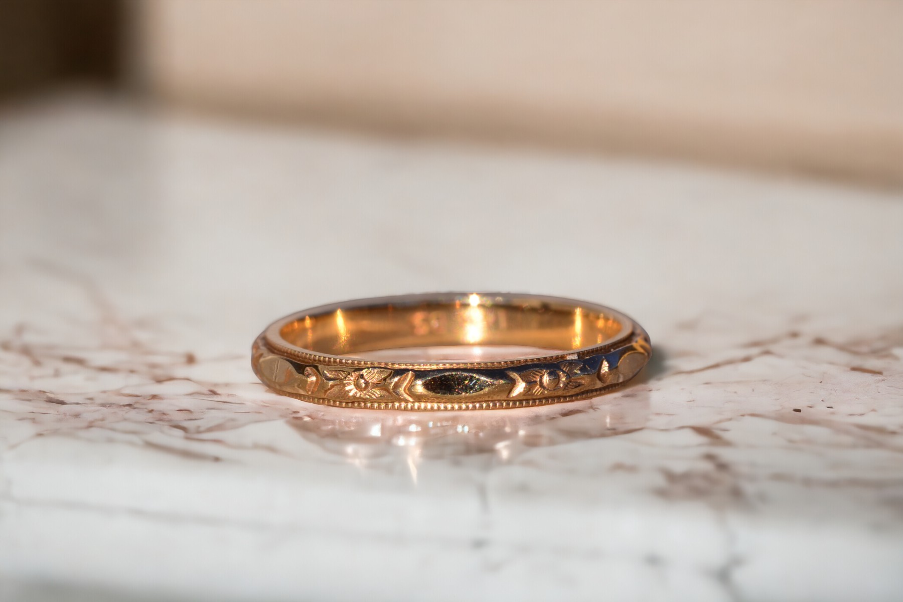 SOLD - The Lemur: Antique Yellow Gold Wedding Band With Hand Engraving - Image 8