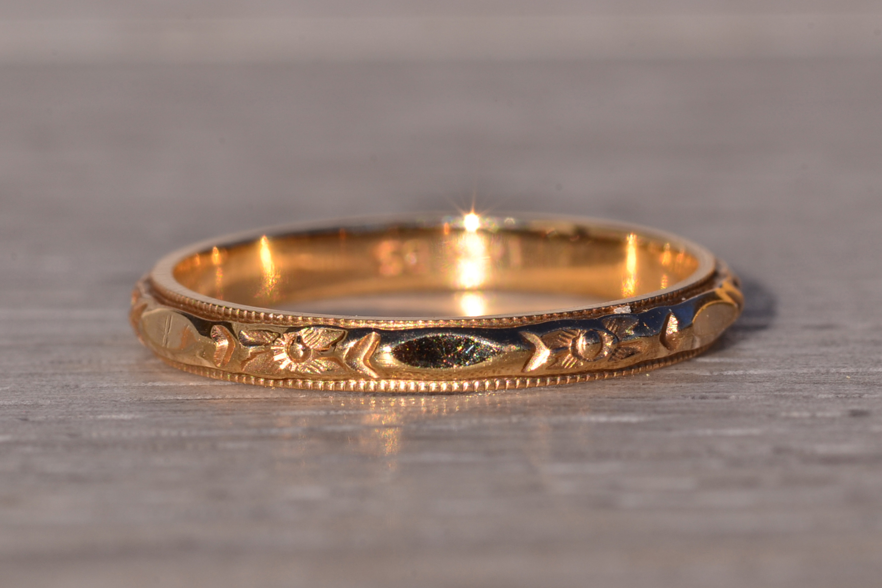 SOLD - The Lemur: Antique Yellow Gold Wedding Band With Hand Engraving - Image 2