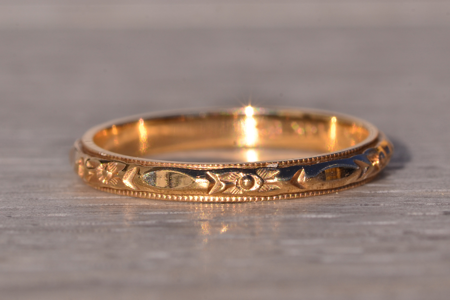 SOLD - The Lemur: Antique Yellow Gold Wedding Band With Hand Engraving - Image 3