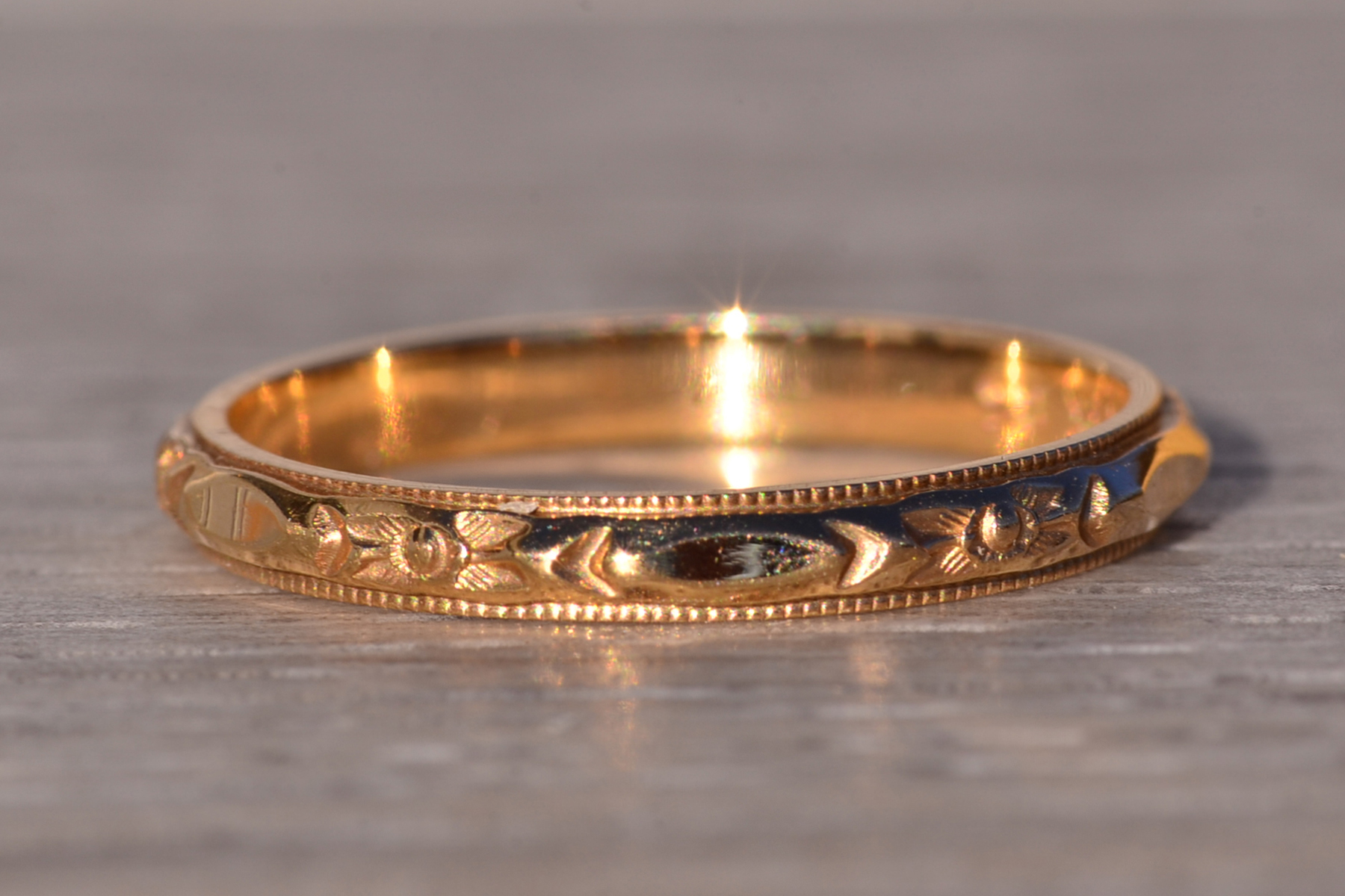 SOLD - The Lemur: Antique Yellow Gold Wedding Band With Hand Engraving - Image 4