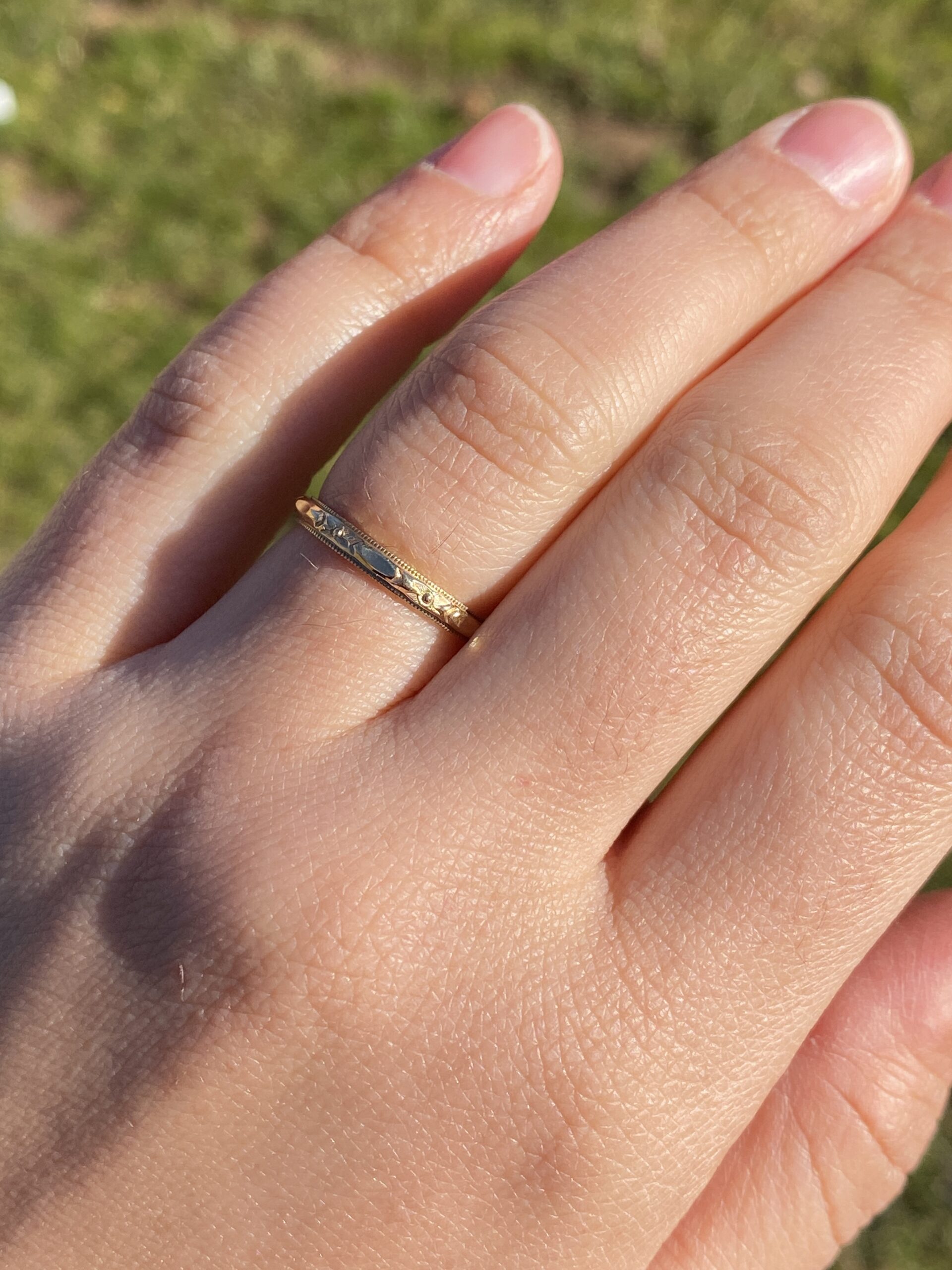 SOLD - The Lemur: Antique Yellow Gold Wedding Band With Hand Engraving - Image 6