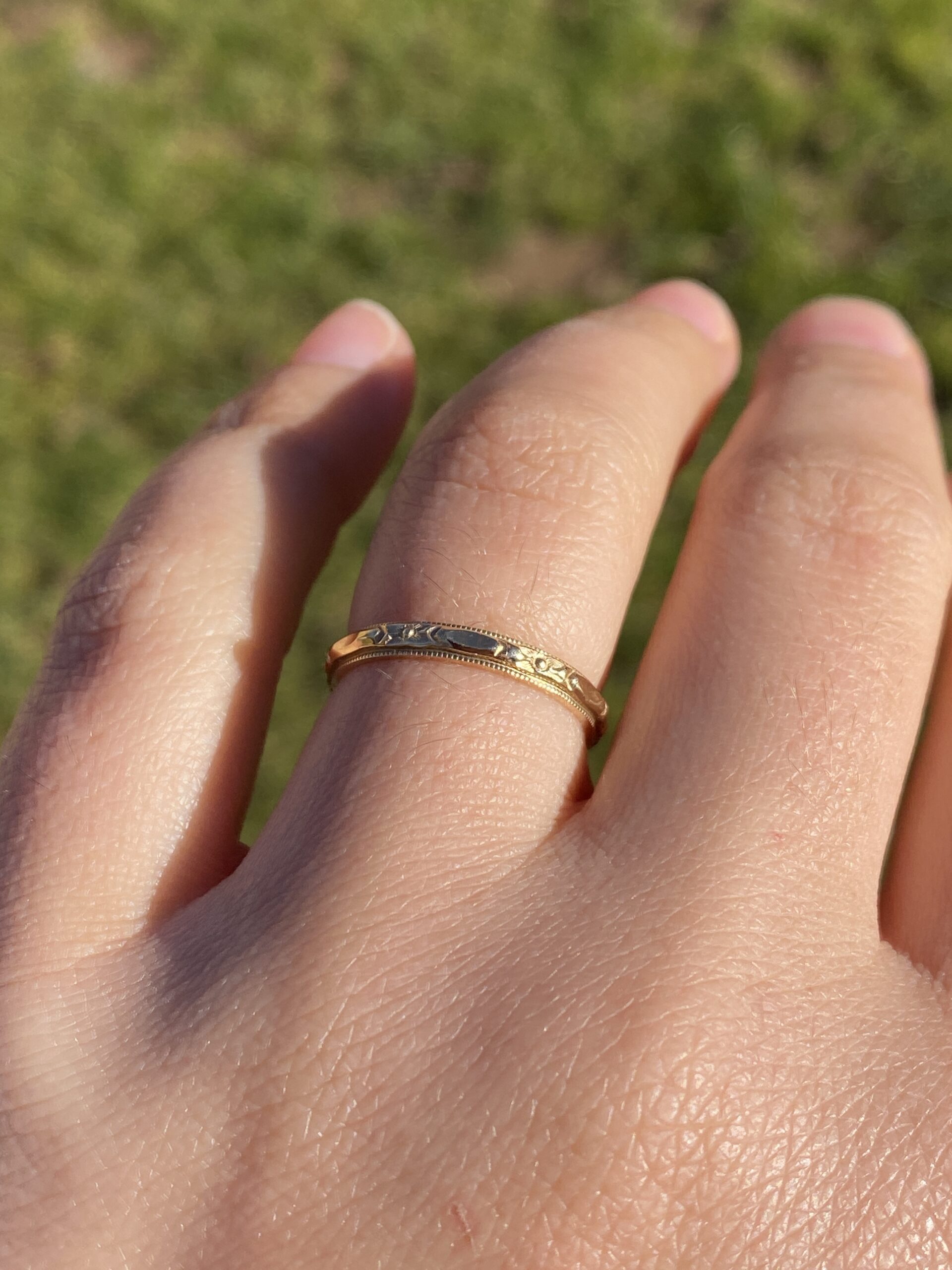 SOLD - The Lemur: Antique Yellow Gold Wedding Band With Hand Engraving - Image 7