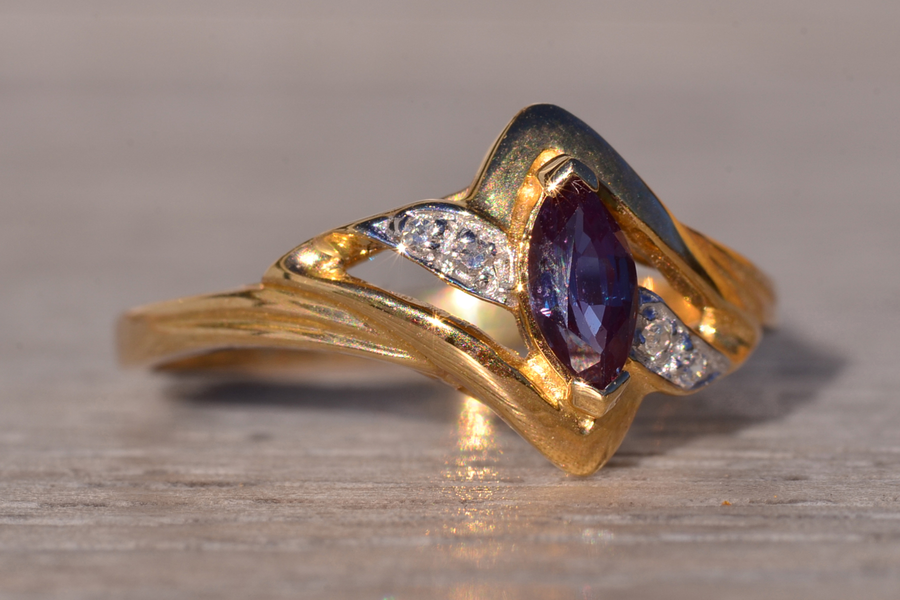 SOLD - The Knie: Lab Grown Alexandrite and Natural Diamond Ring in Yellow Gold - Image 6