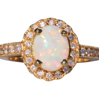 The Cobber: Natural Australian Opal and Diamond Halo Ring in Yellow Gold