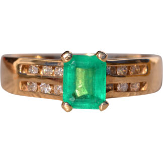 The Montro: Emerald Cut Natural Emerald and Diamond Ring in Yellow Gold