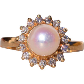 The Piano: Pearl and Natural Diamond Halo Ring in Yellow Gold