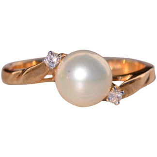 The Hughes: Pearl and Natural Diamond Bypass Ring in Yellow Gold
