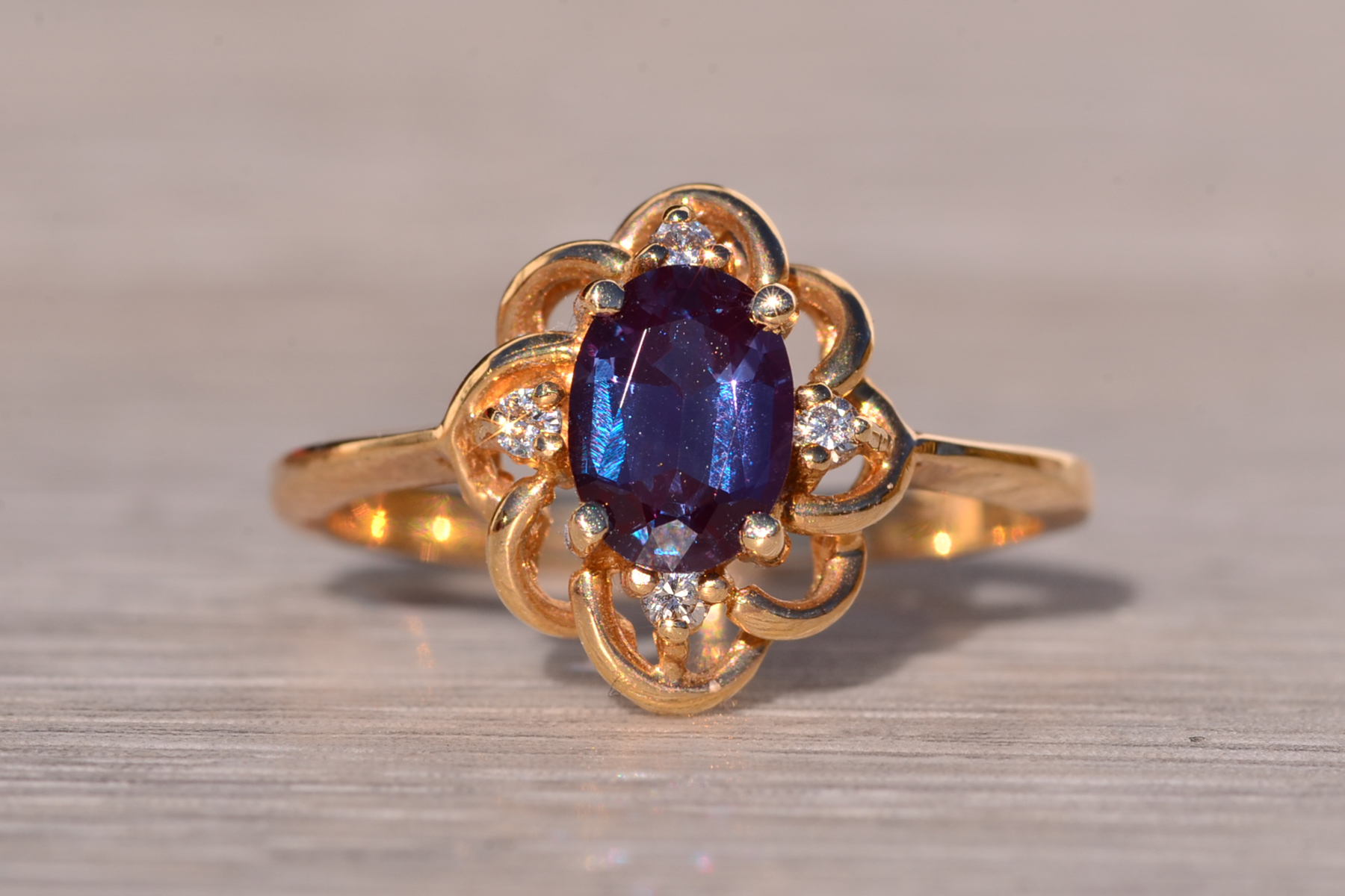 SOLD - The Canyon: Lab Grown Alexandrite and Natural Diamond Ring in Yellow Gold - Image 2