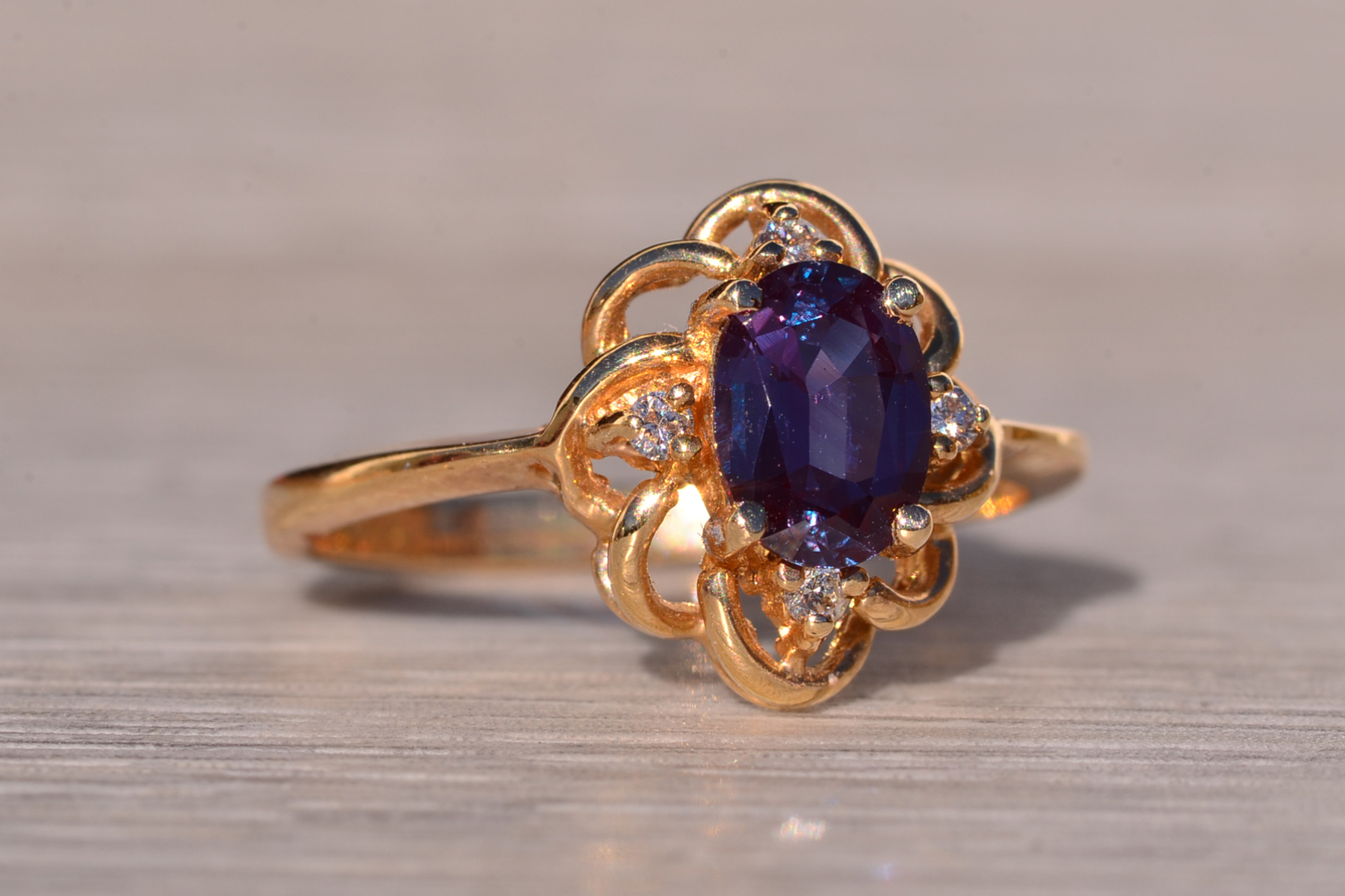 SOLD - The Canyon: Lab Grown Alexandrite and Natural Diamond Ring in Yellow Gold - Image 6