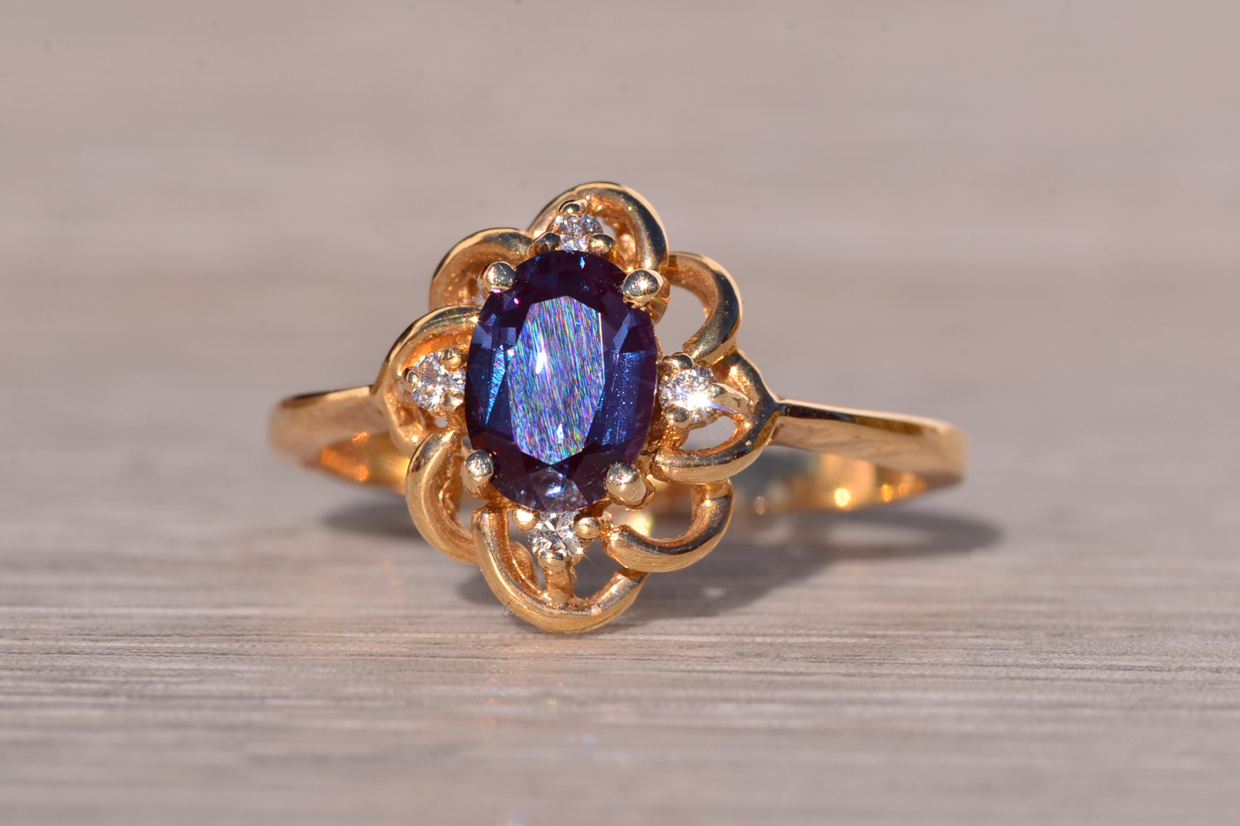 SOLD - The Canyon: Lab Grown Alexandrite and Natural Diamond Ring in Yellow Gold - Image 3