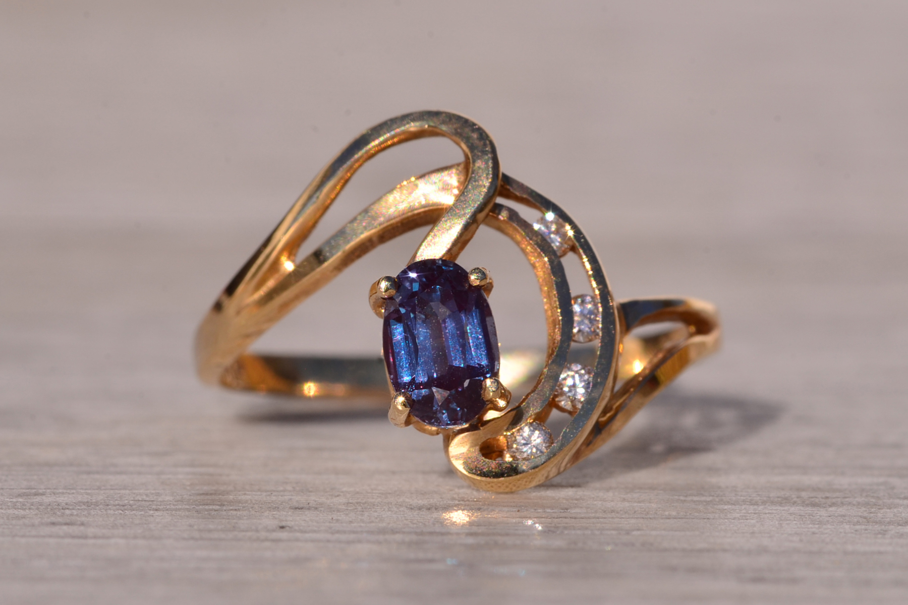 SOLD - The Half Moon Bay: Lab Grown Alexandrite and Natural Diamond Ring in Yellow Gold - Image 2