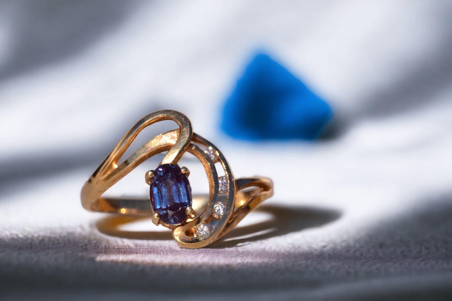 SOLD - The Half Moon Bay: Lab Grown Alexandrite and Natural Diamond Ring in Yellow Gold - Image 11
