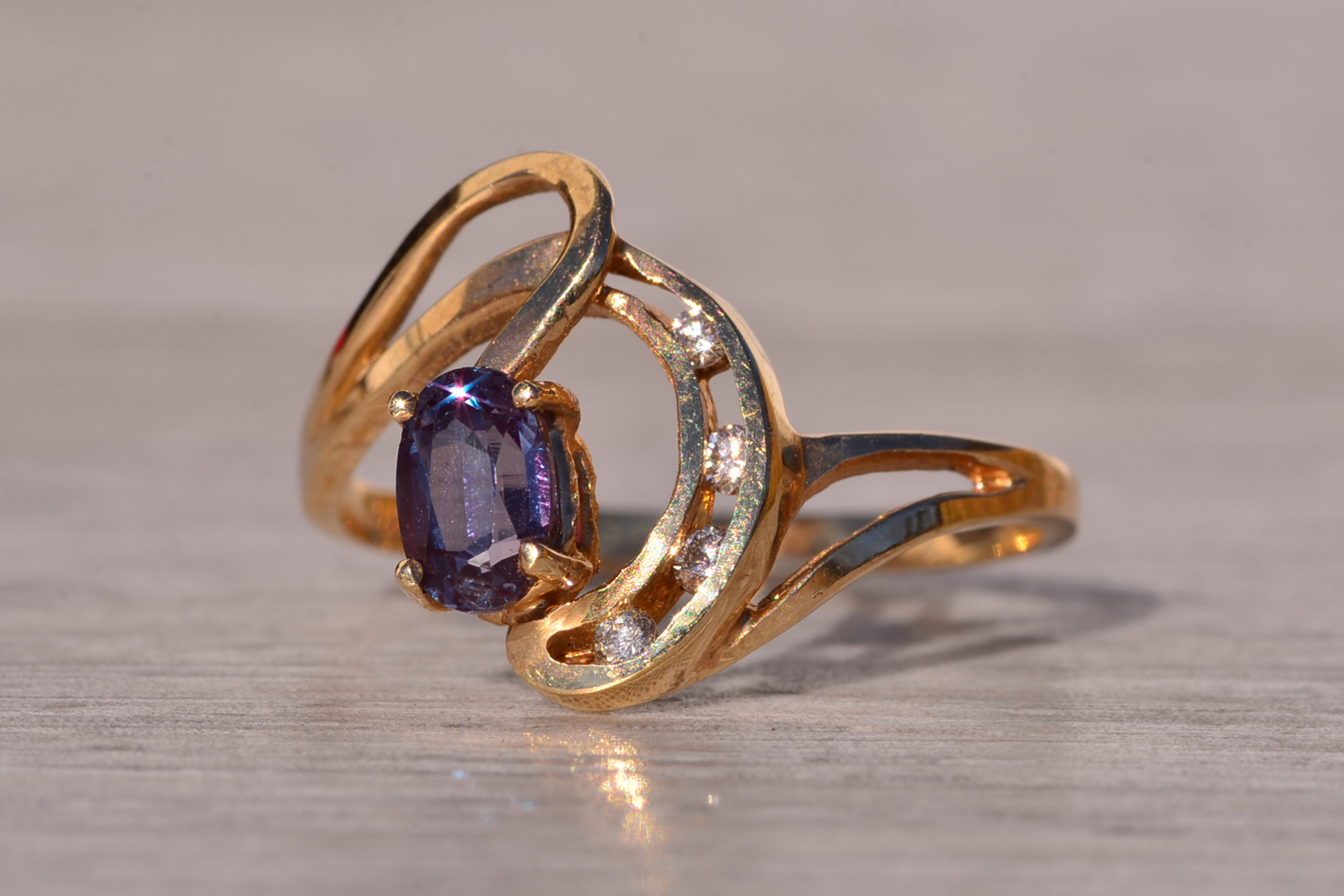 SOLD - The Half Moon Bay: Lab Grown Alexandrite and Natural Diamond Ring in Yellow Gold - Image 3