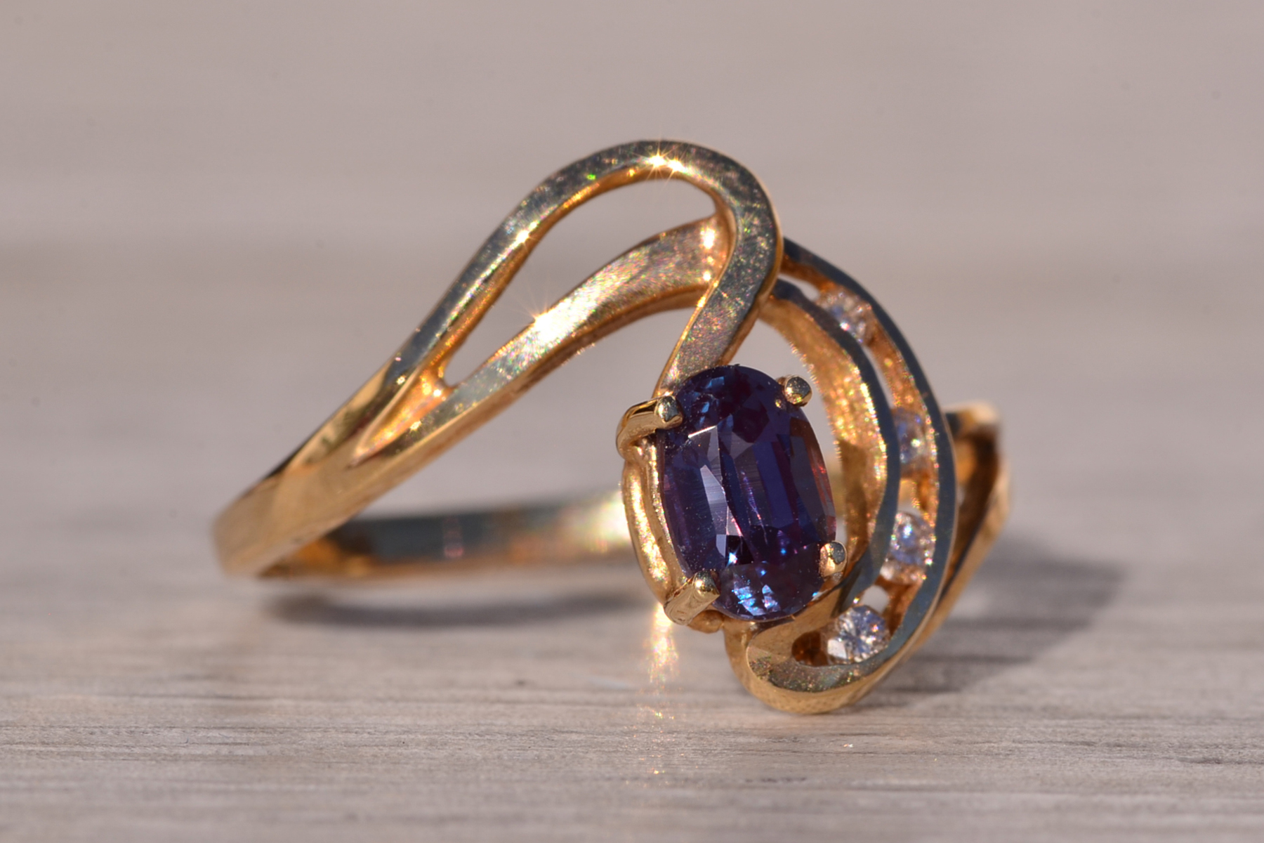 SOLD - The Half Moon Bay: Lab Grown Alexandrite and Natural Diamond Ring in Yellow Gold - Image 6