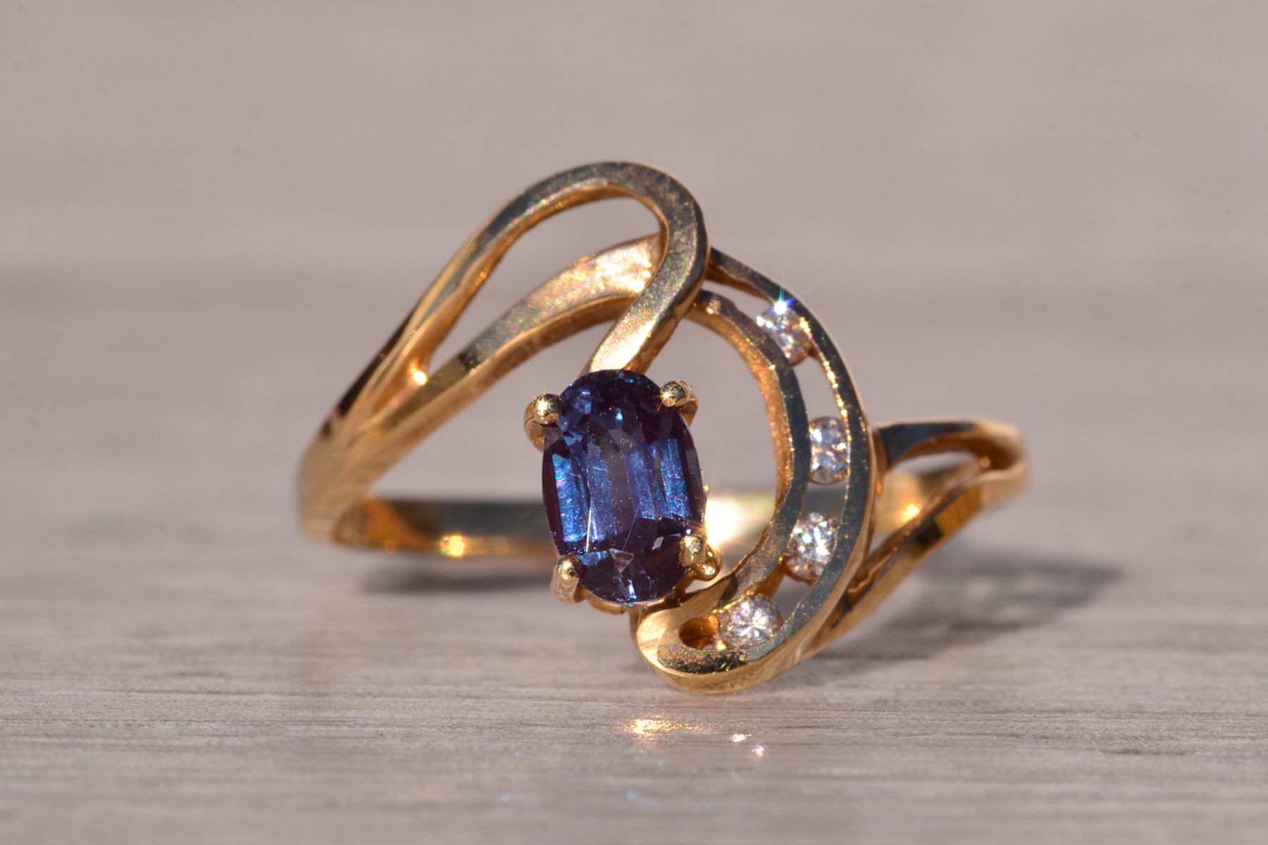 SOLD - The Half Moon Bay: Lab Grown Alexandrite and Natural Diamond Ring in Yellow Gold - Image 7