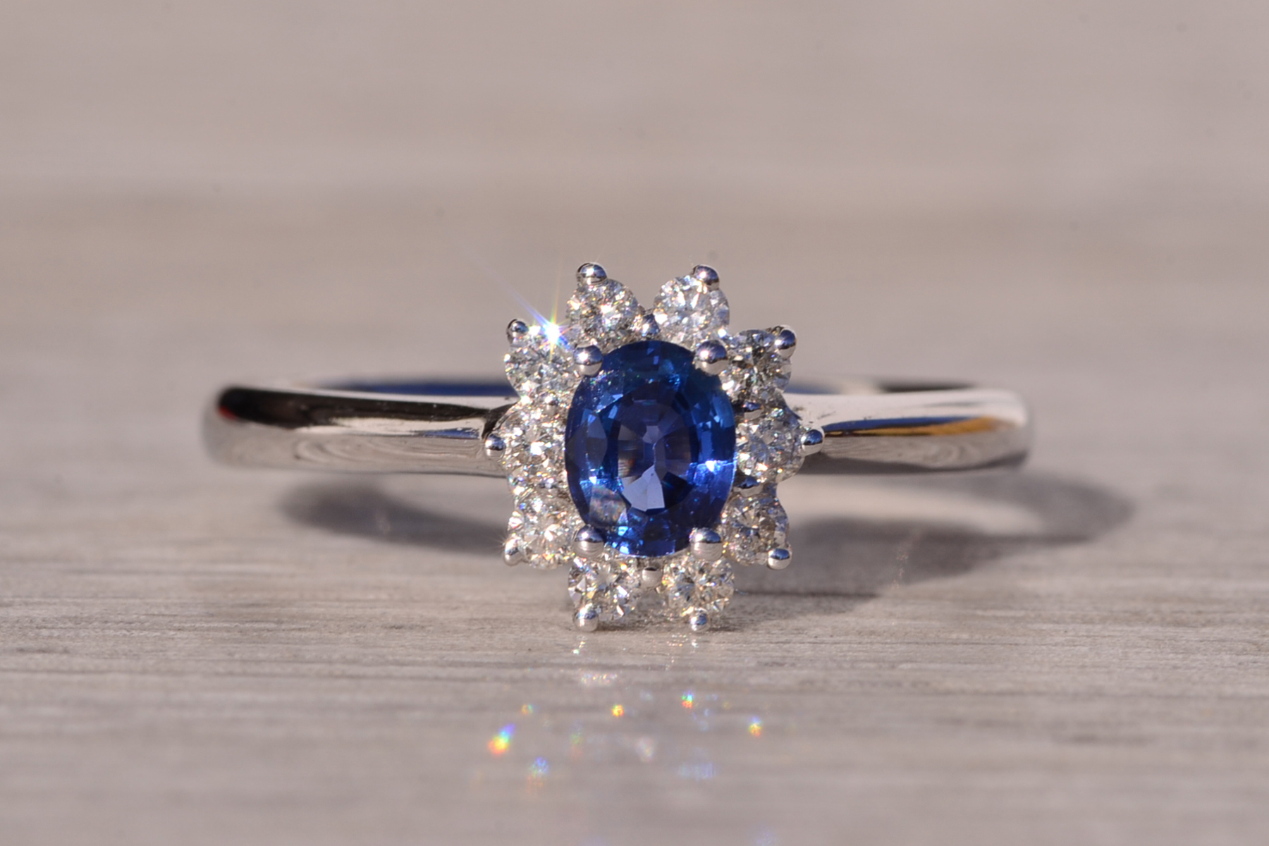 SOLD: The Hot: Sapphire and Natural Diamond Halo Ring in White Gold - Image 2