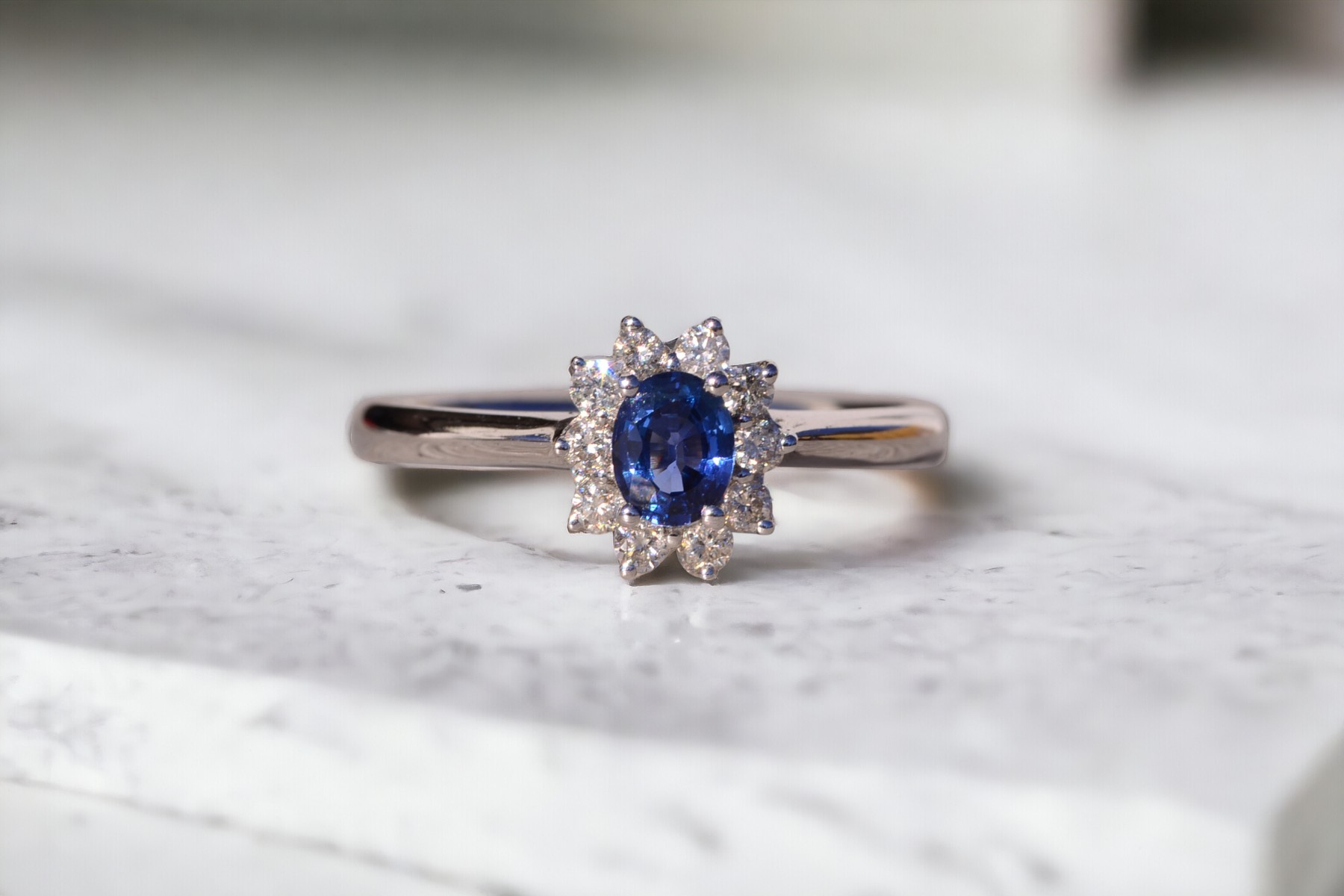 SOLD: The Hot: Sapphire and Natural Diamond Halo Ring in White Gold - Image 11