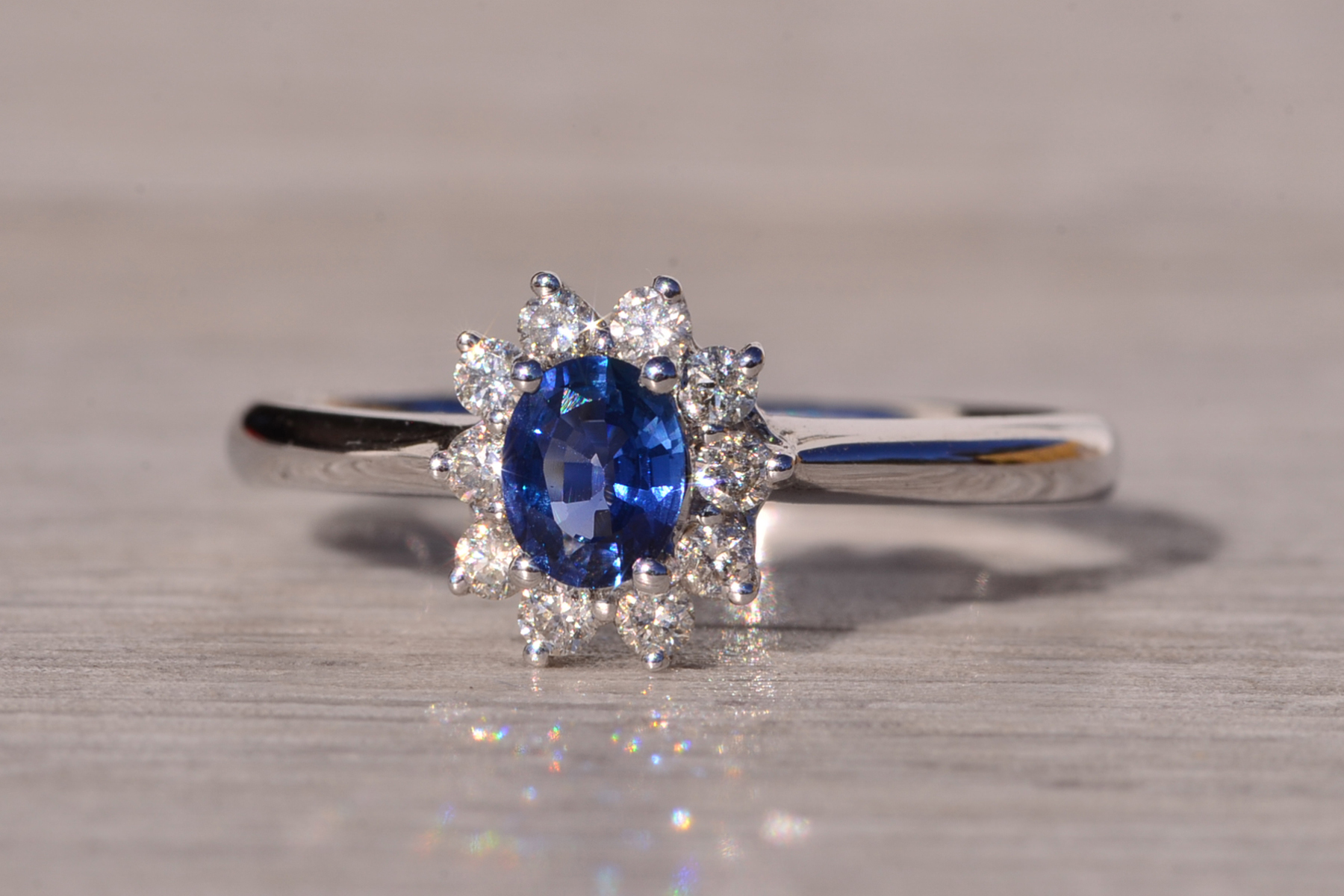 SOLD: The Hot: Sapphire and Natural Diamond Halo Ring in White Gold - Image 3