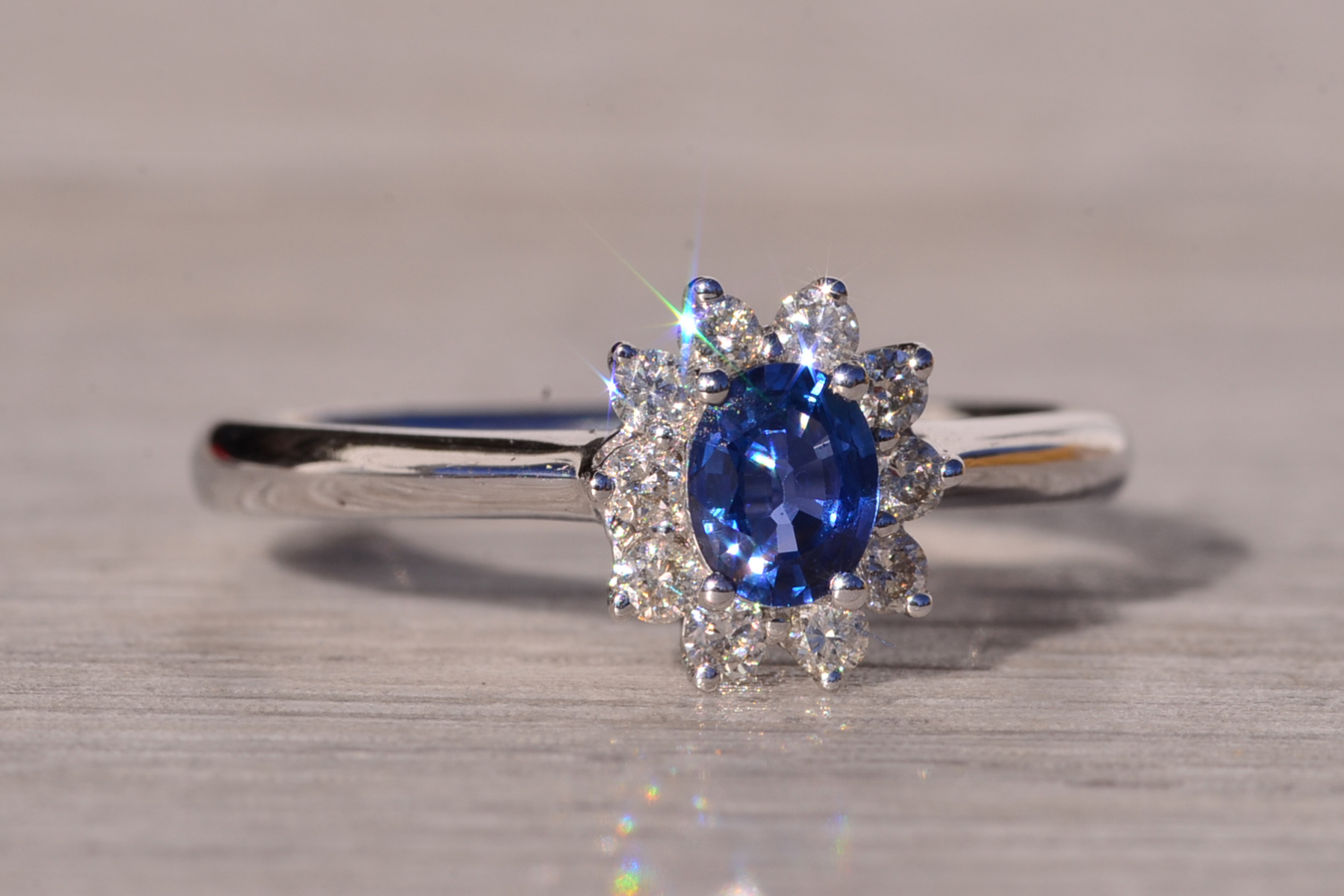 SOLD: The Hot: Sapphire and Natural Diamond Halo Ring in White Gold - Image 6