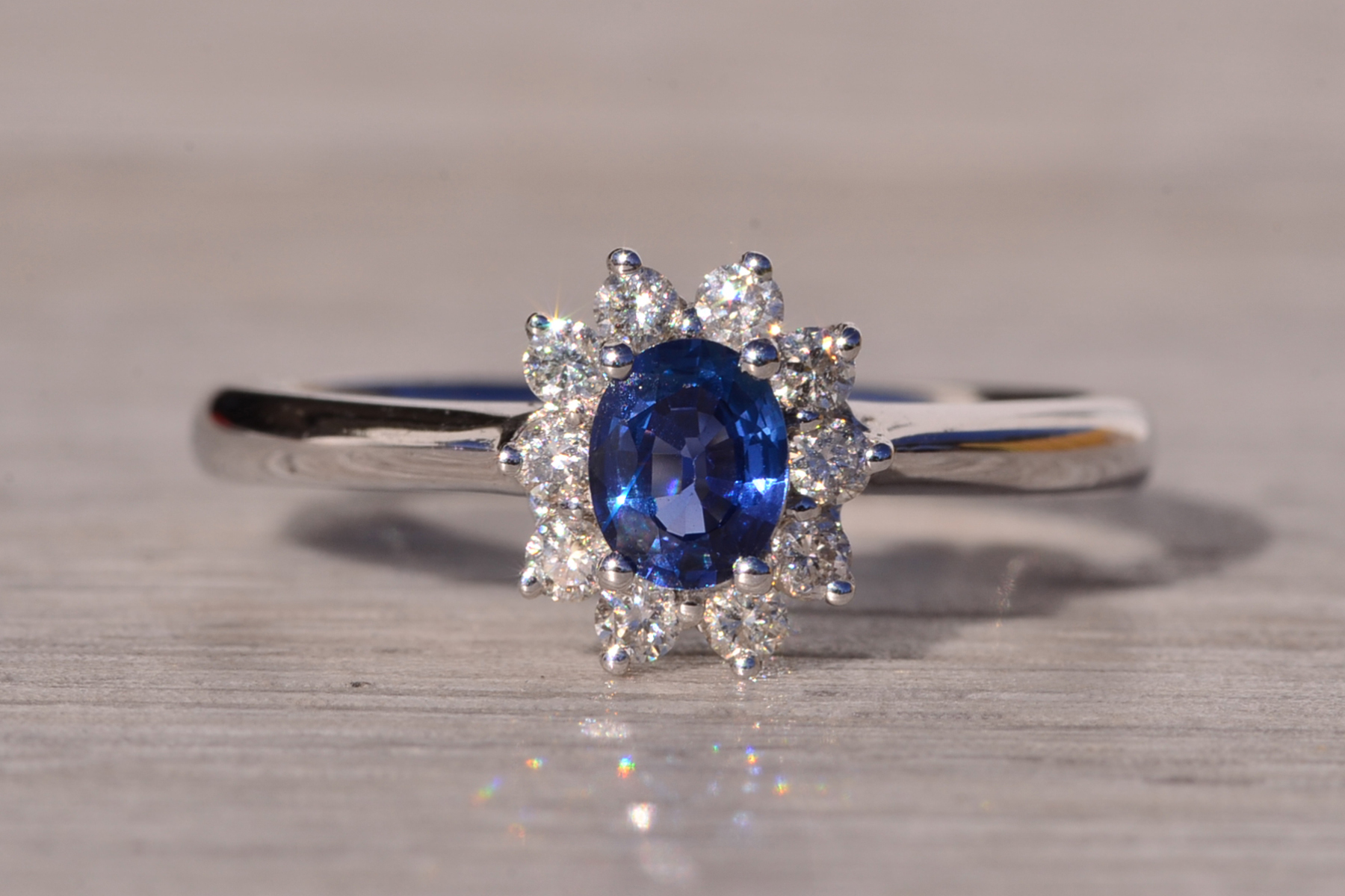 SOLD: The Hot: Sapphire and Natural Diamond Halo Ring in White Gold - Image 7