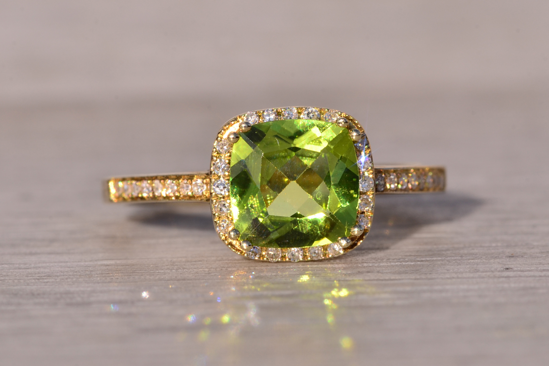 SOLD - The Baby: Peridot and Natural Diamond Halo Ring in Yellow Gold - Image 2