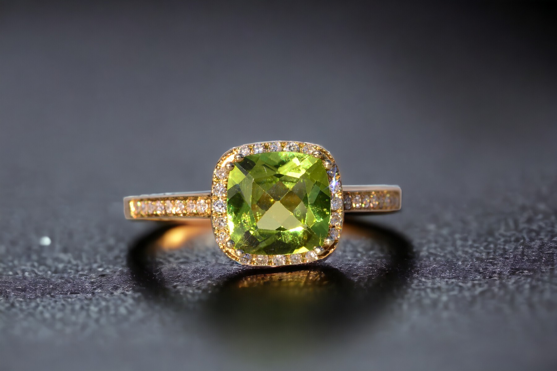 SOLD - The Baby: Peridot and Natural Diamond Halo Ring in Yellow Gold - Image 11