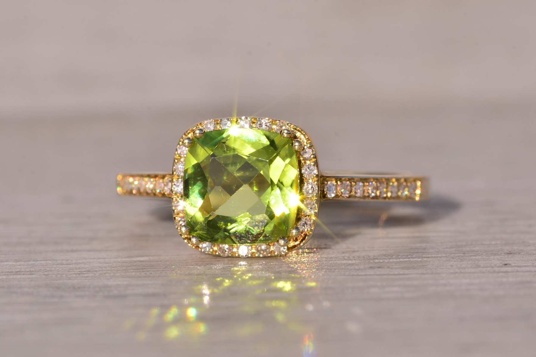 SOLD - The Baby: Peridot and Natural Diamond Halo Ring in Yellow Gold - Image 3