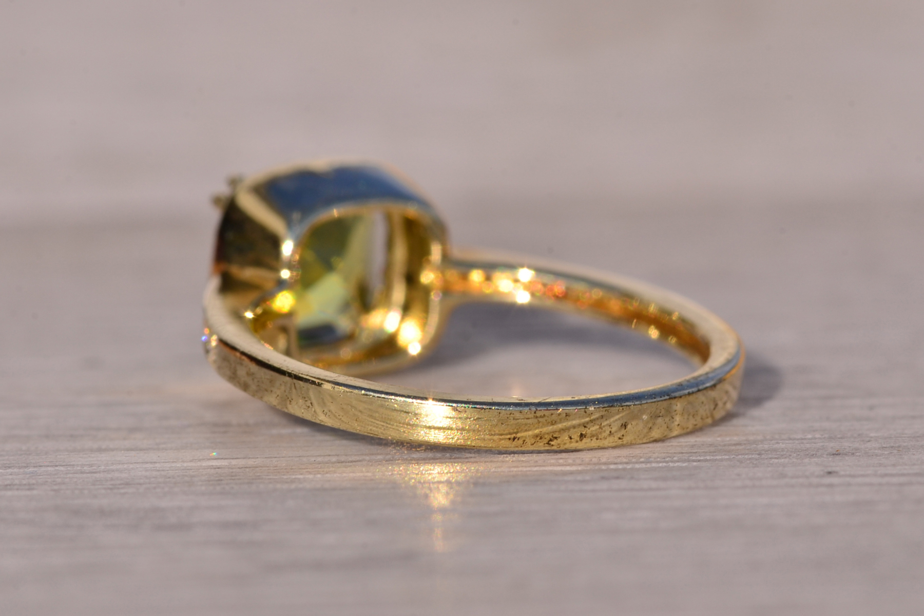 SOLD - The Baby: Peridot and Natural Diamond Halo Ring in Yellow Gold - Image 4