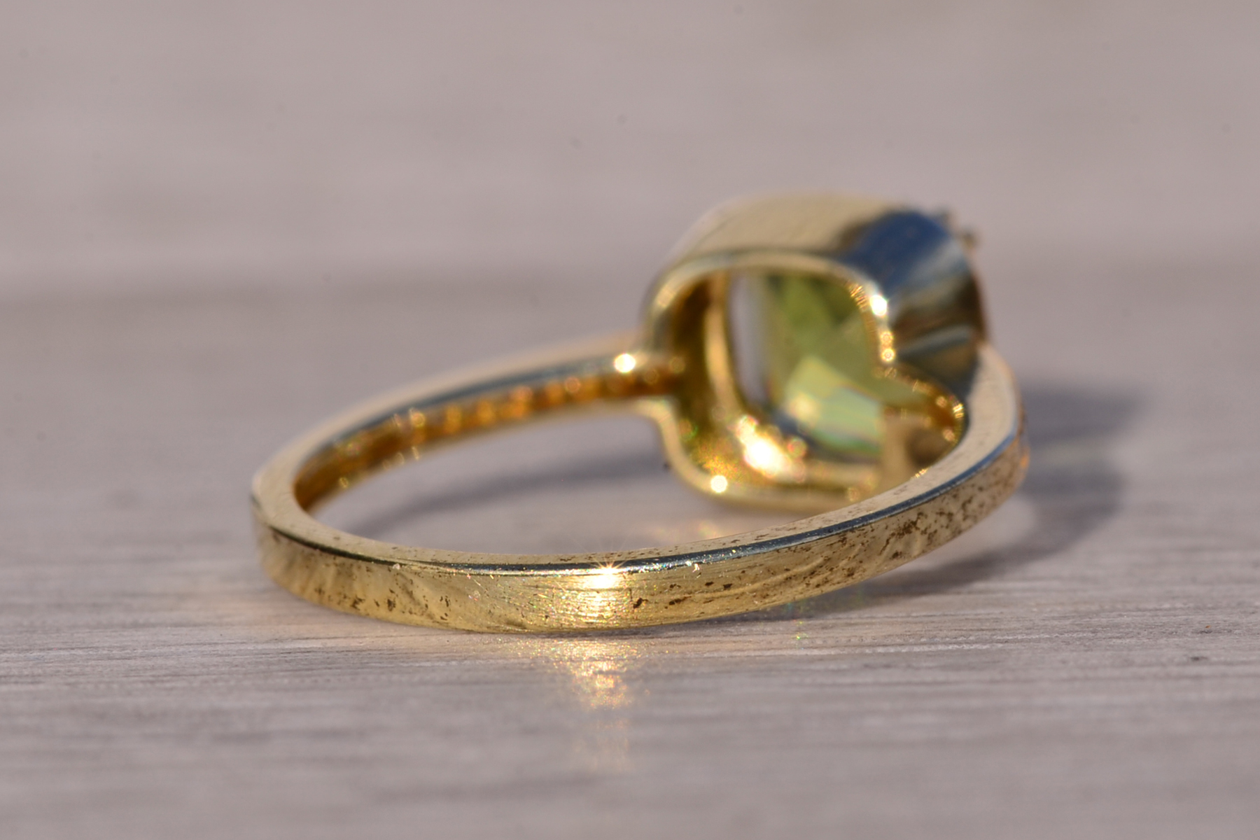 SOLD - The Baby: Peridot and Natural Diamond Halo Ring in Yellow Gold - Image 5