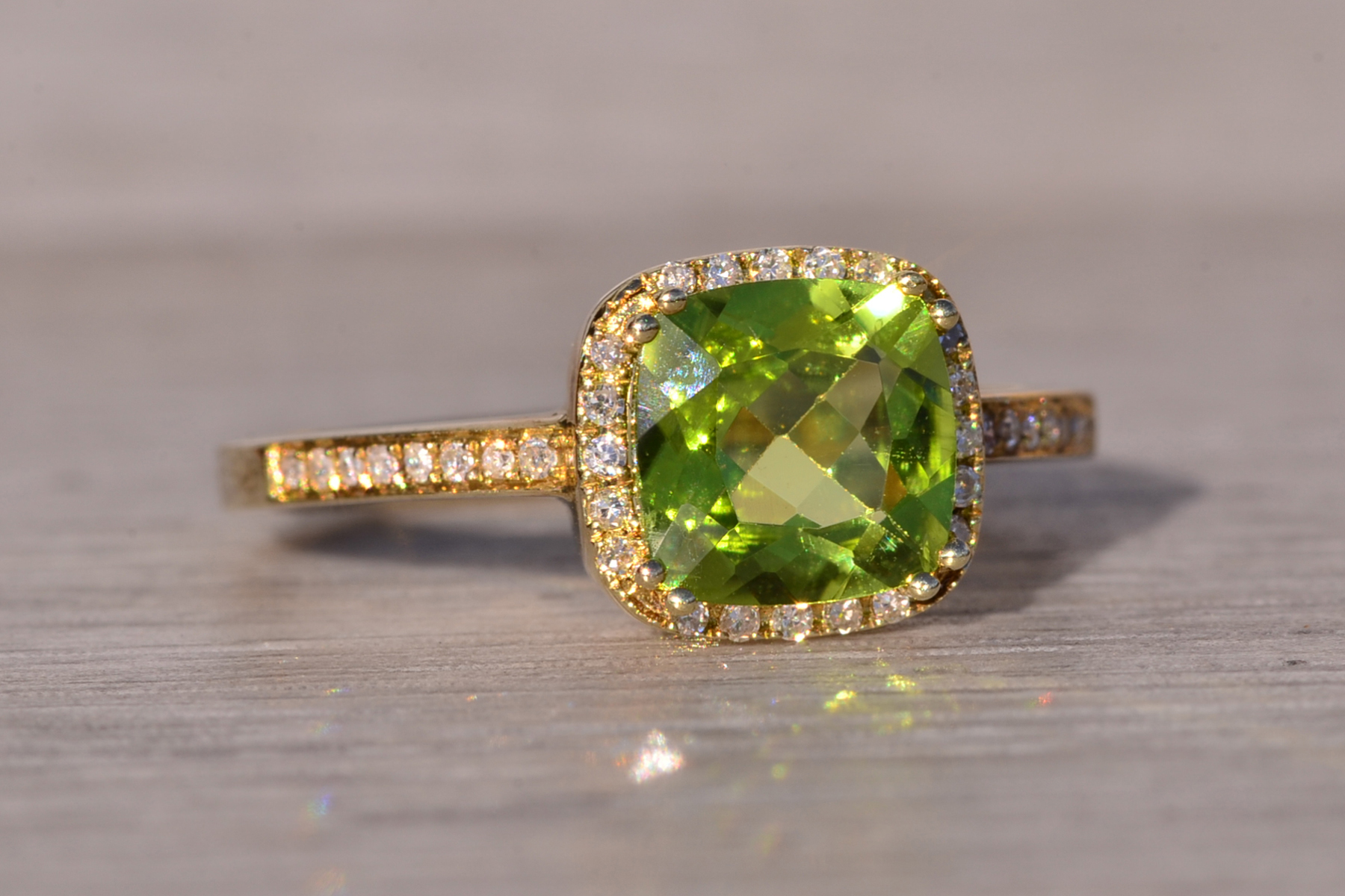 SOLD - The Baby: Peridot and Natural Diamond Halo Ring in Yellow Gold - Image 6