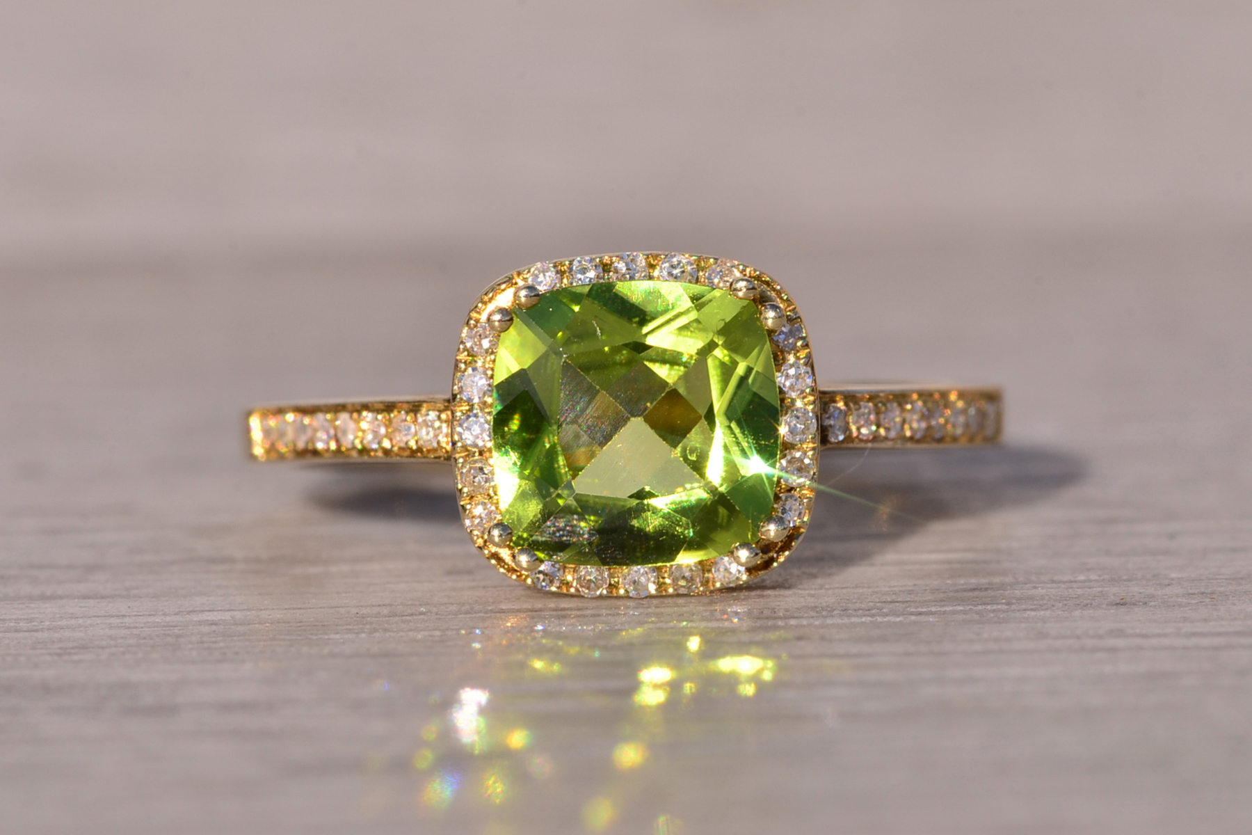SOLD - The Baby: Peridot and Natural Diamond Halo Ring in Yellow Gold - Image 7