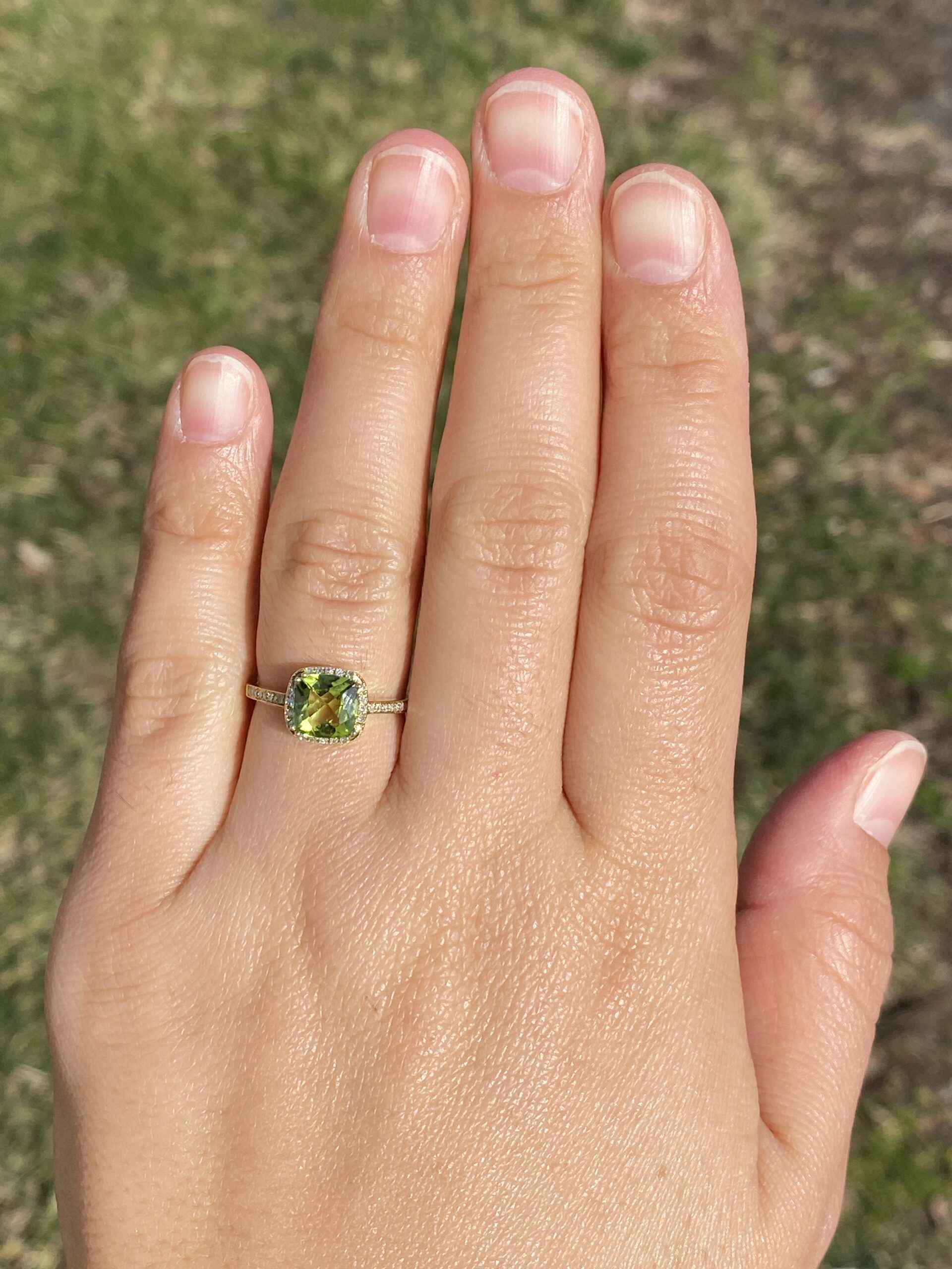 SOLD - The Baby: Peridot and Natural Diamond Halo Ring in Yellow Gold - Image 8