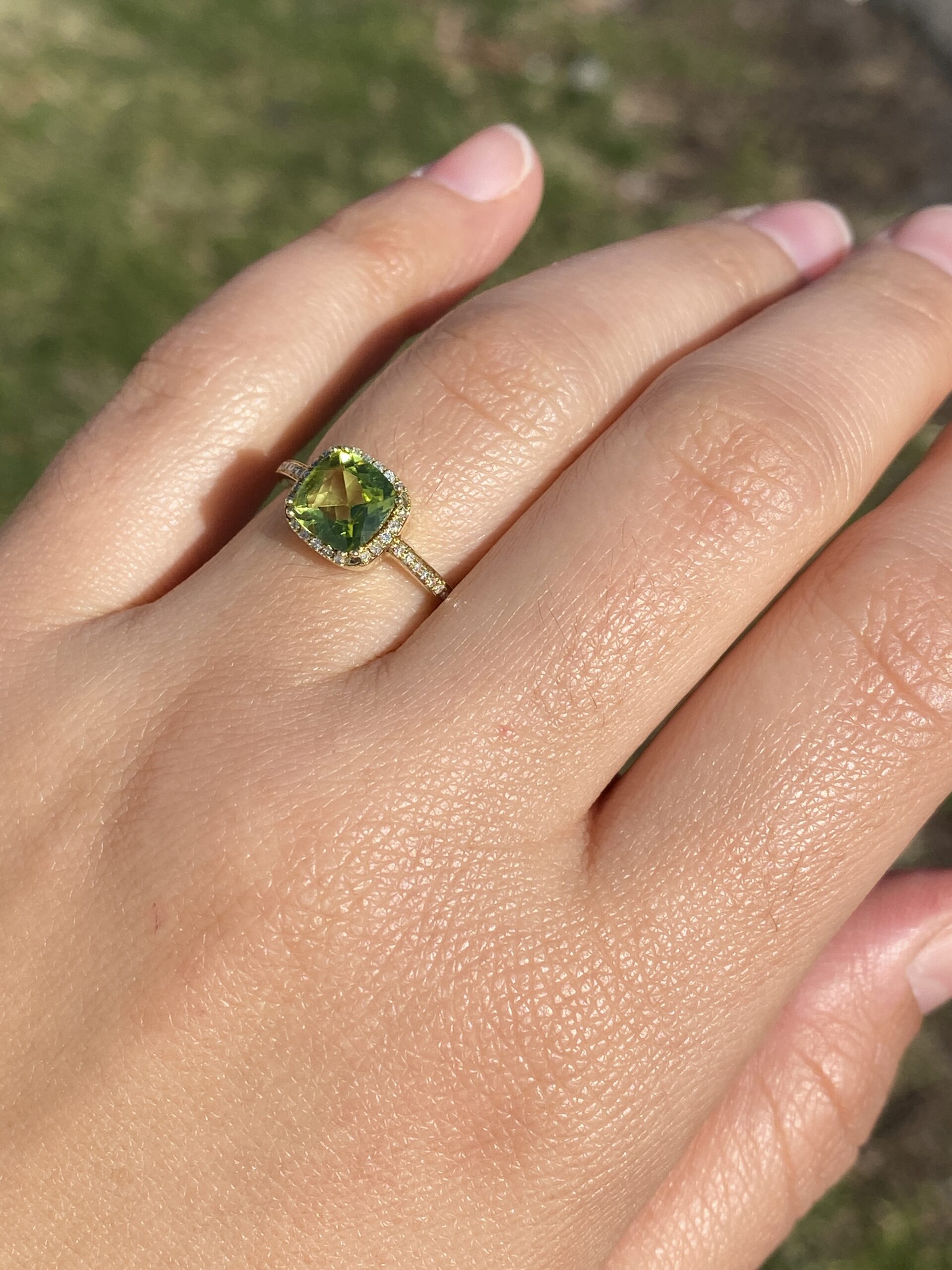SOLD - The Baby: Peridot and Natural Diamond Halo Ring in Yellow Gold - Image 9