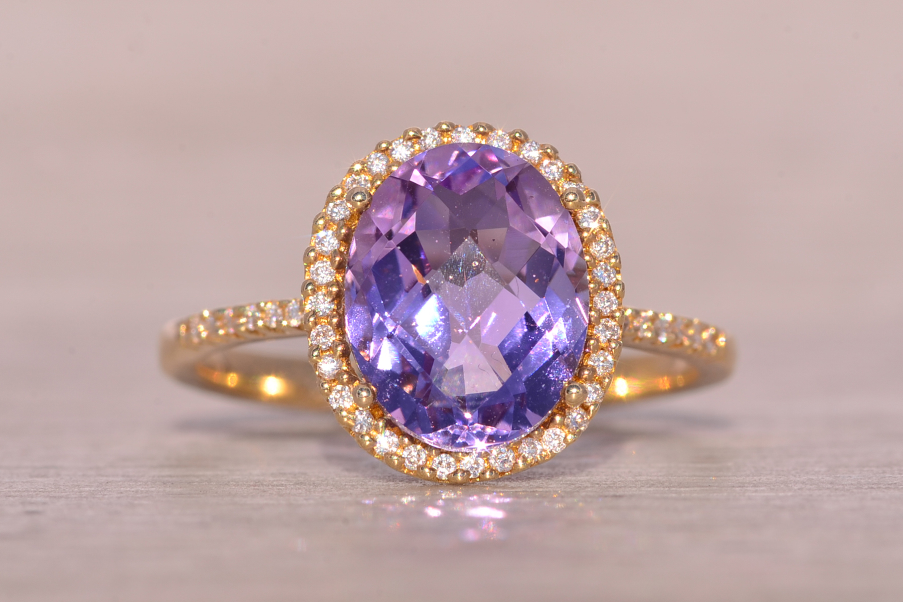 The Stumb: Amethyst and Natural Diamond Halo Ring in Yellow Gold - Image 2