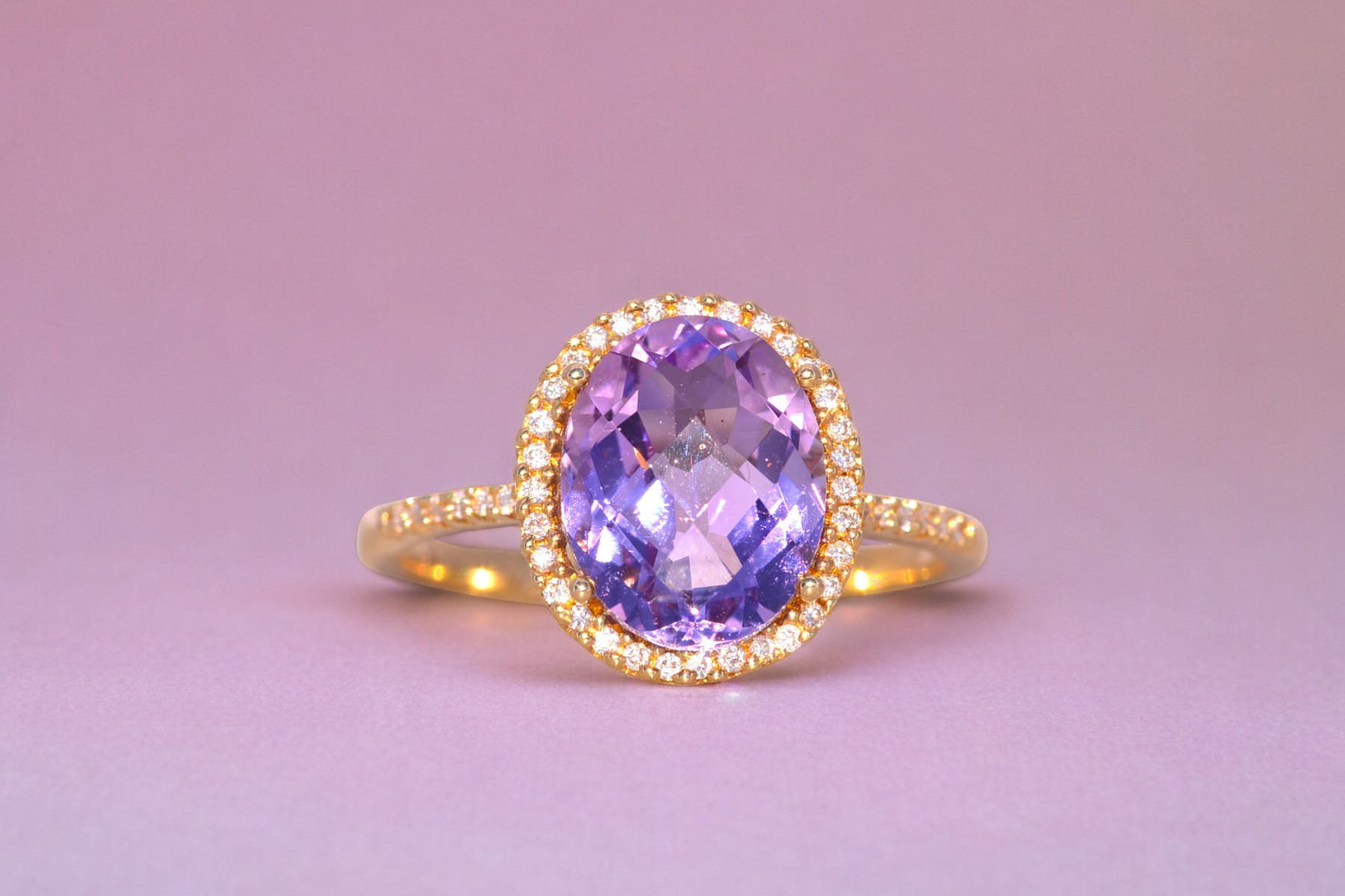 The Stumb: Amethyst and Natural Diamond Halo Ring in Yellow Gold - Image 11