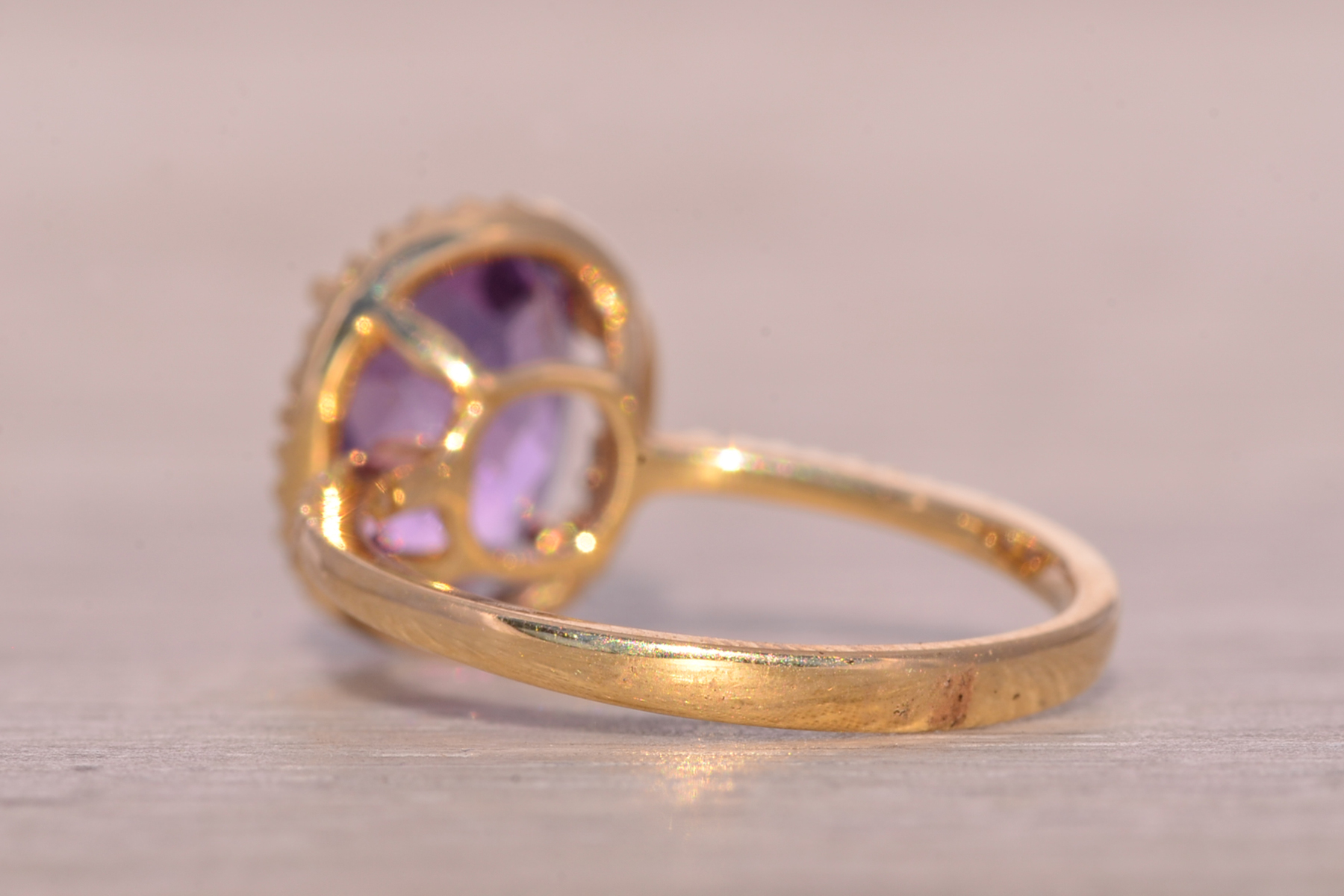 The Stumb: Amethyst and Natural Diamond Halo Ring in Yellow Gold - Image 4