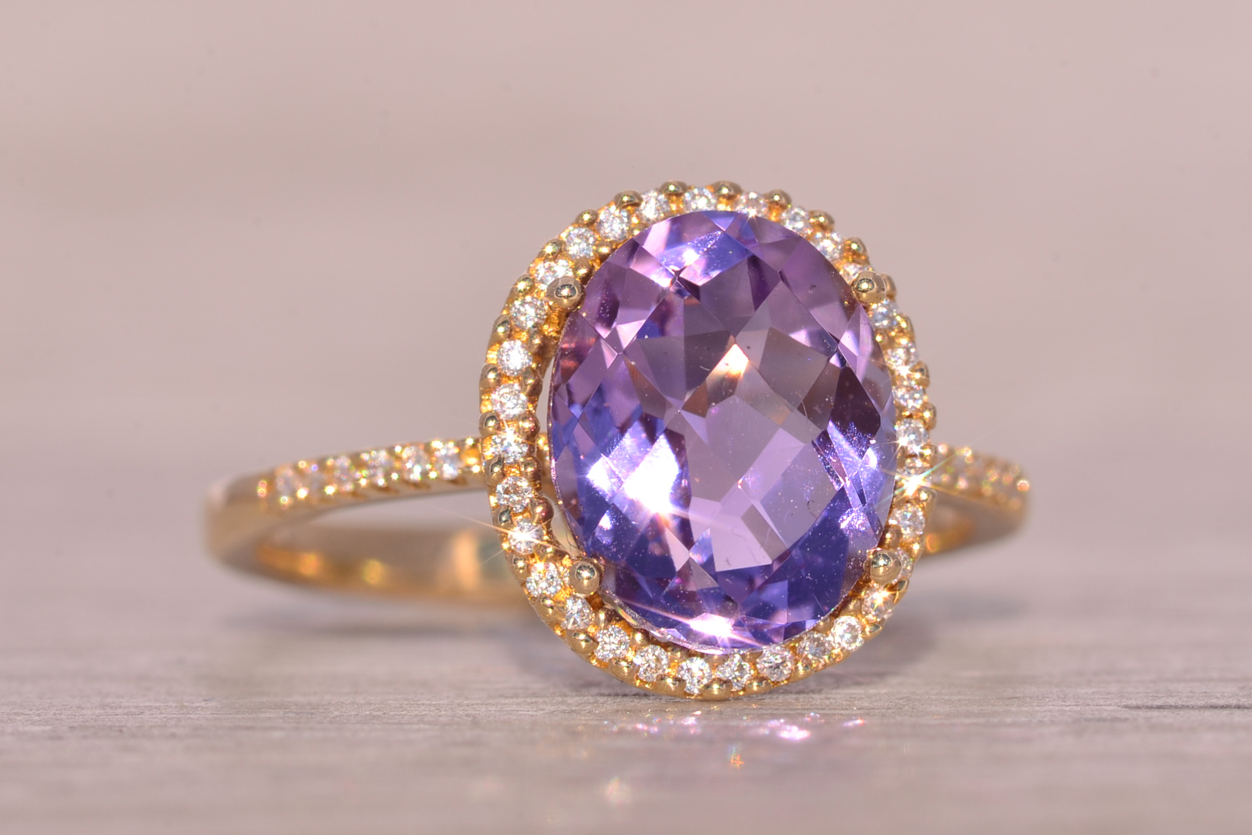 The Stumb: Amethyst and Natural Diamond Halo Ring in Yellow Gold - Image 6