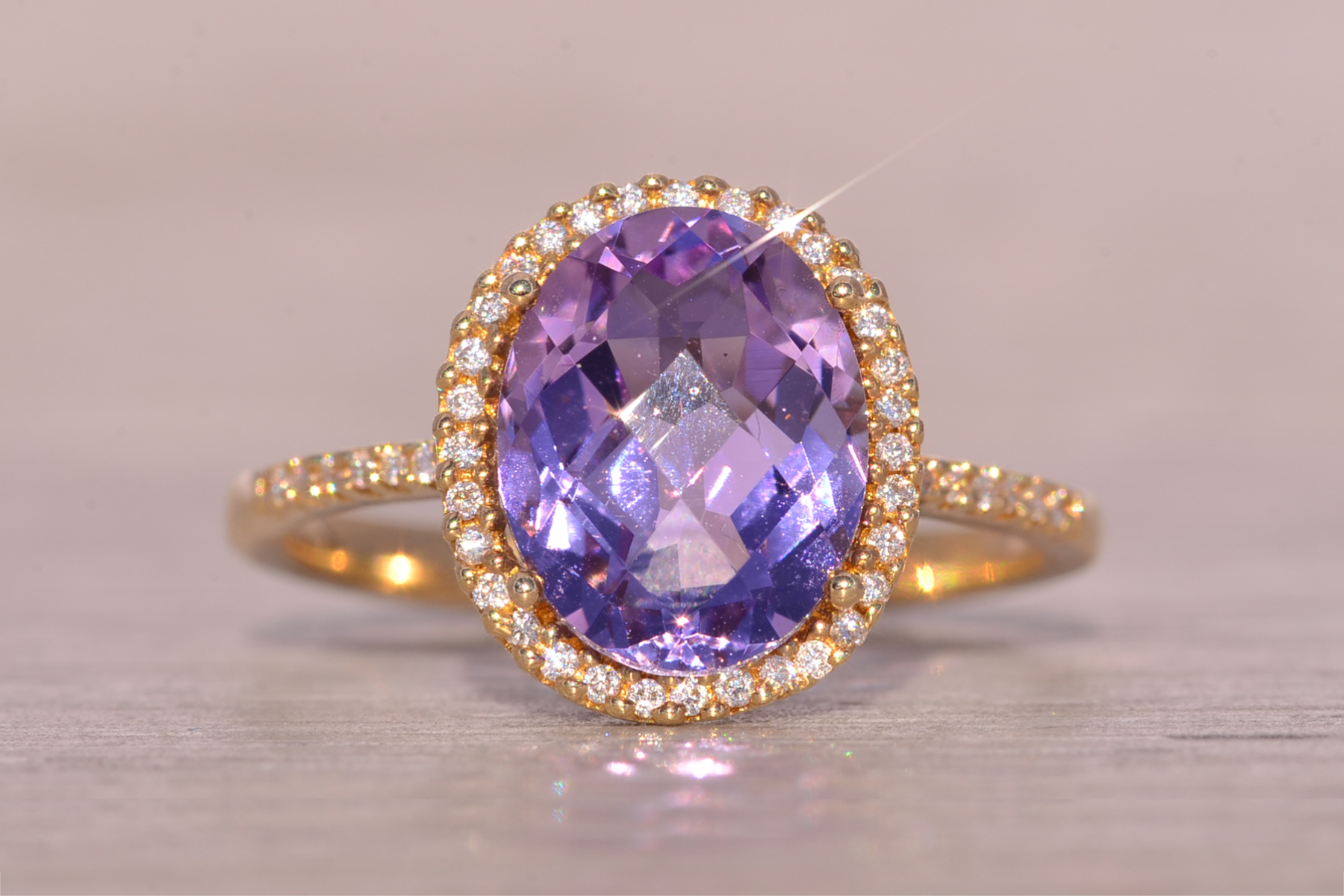 The Stumb: Amethyst and Natural Diamond Halo Ring in Yellow Gold - Image 7