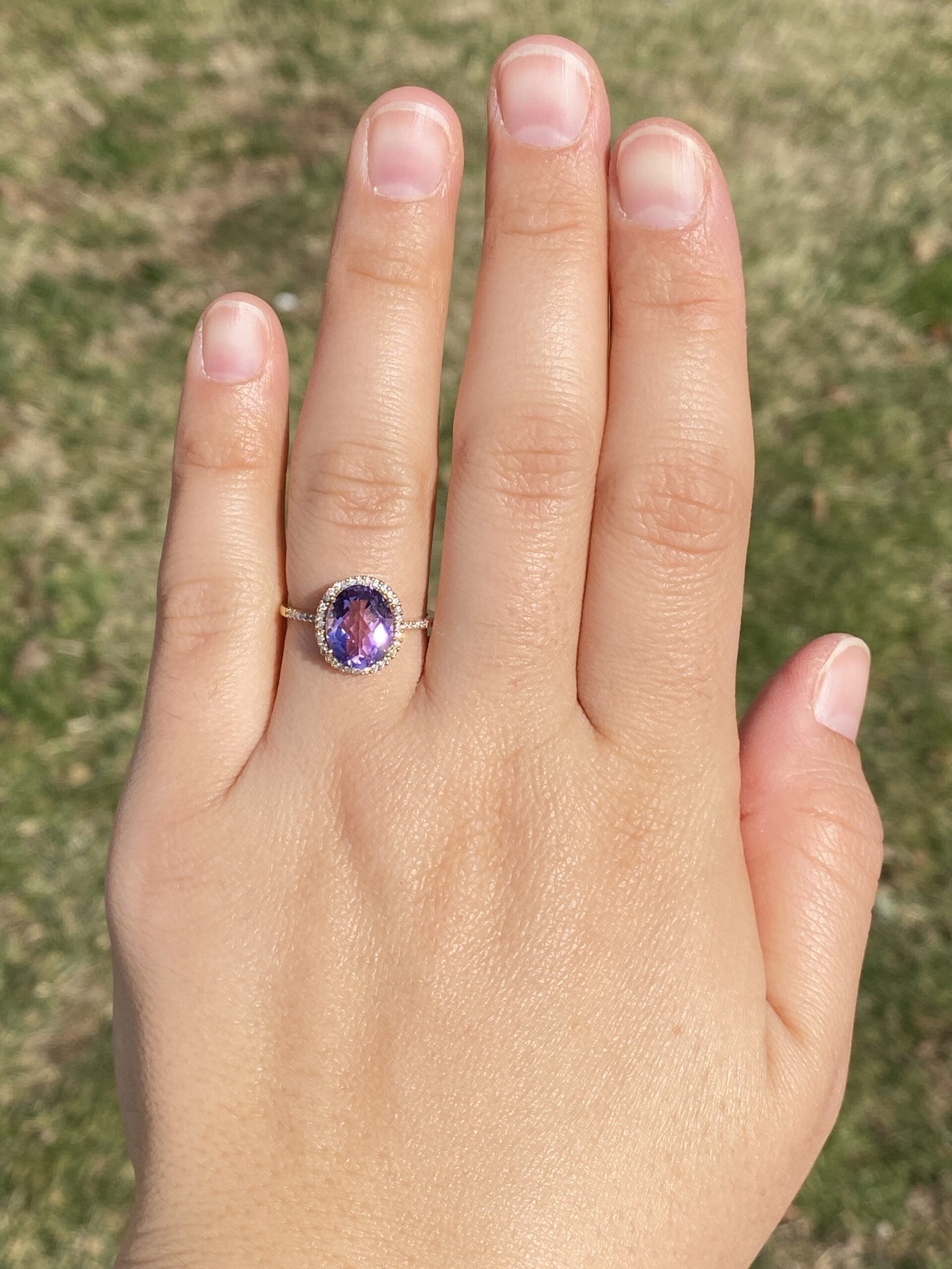The Stumb: Amethyst and Natural Diamond Halo Ring in Yellow Gold - Image 8