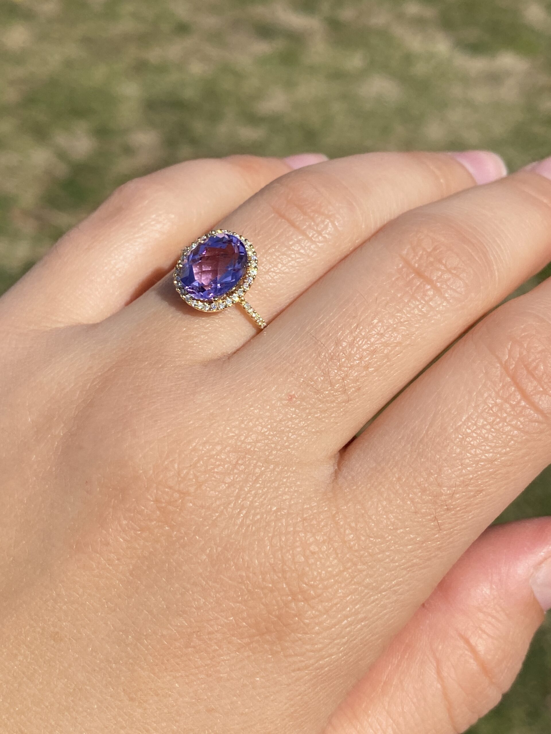The Stumb: Amethyst and Natural Diamond Halo Ring in Yellow Gold - Image 9