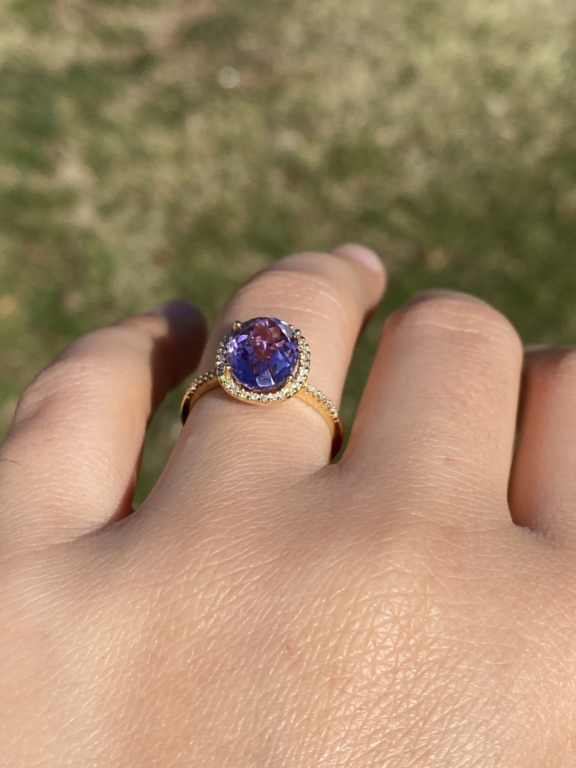 The Stumb: Amethyst and Natural Diamond Halo Ring in Yellow Gold - Image 10