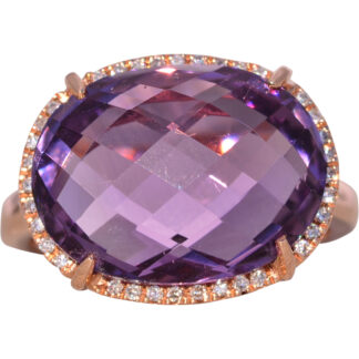The Nelle: Checkerboard Cut Natural Amethyst and Diamond Halo Ring in Rose Gold