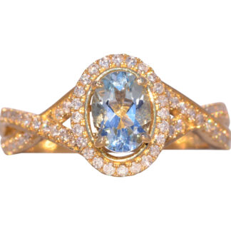 The Foldi: Aquamarine and Natural Diamond Halo Ring in Yellow Gold