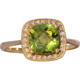 The Cryte: Checkerboard Peridot and Natural Diamond Halo Ring in Yellow Gold