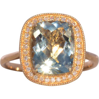 Praisiolite and Natural Diamond Halo Ring in Yellow Gold