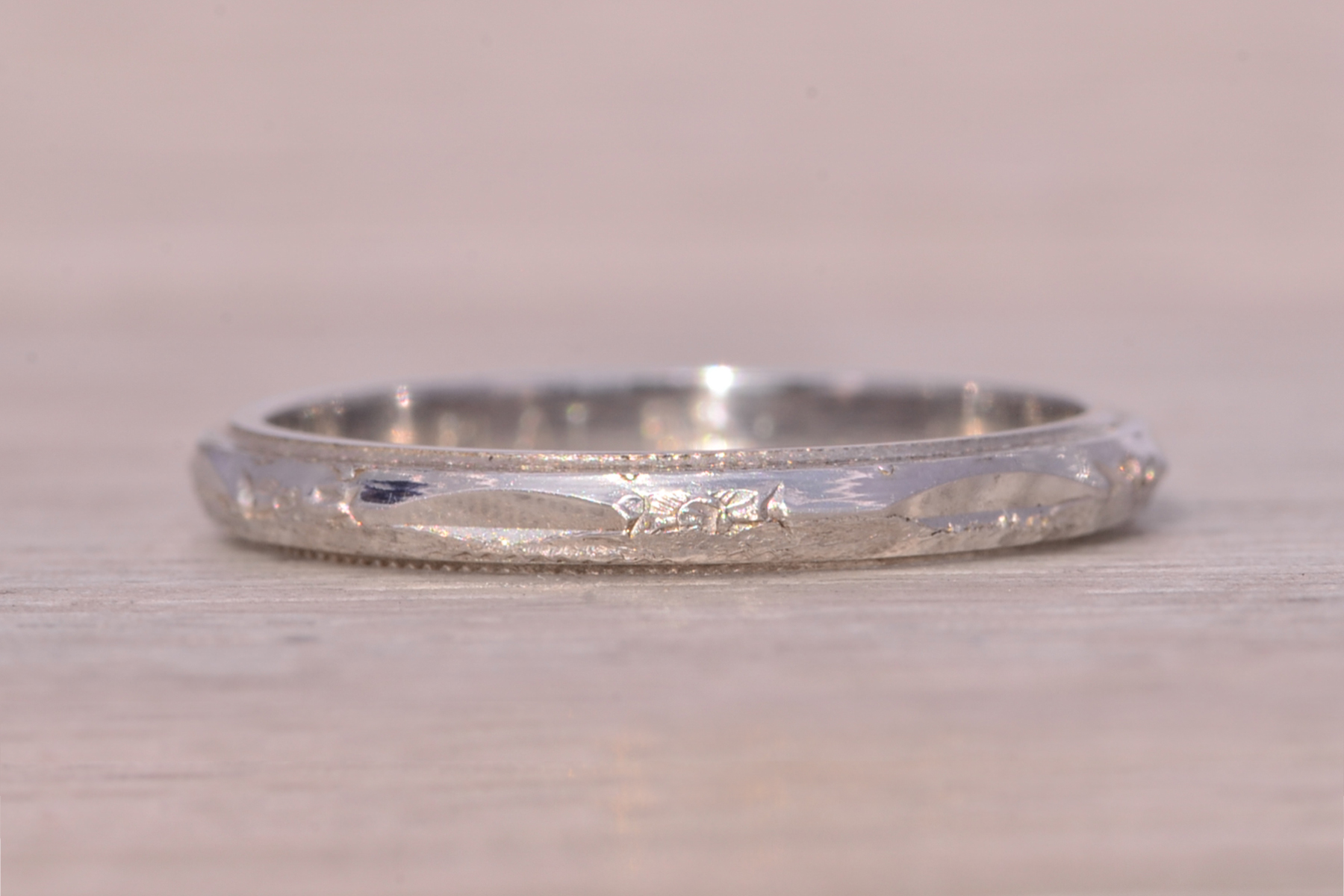 The Jib: Antique Art Deco Era Platinum Wedding Band with Hand Engraving - Image 2