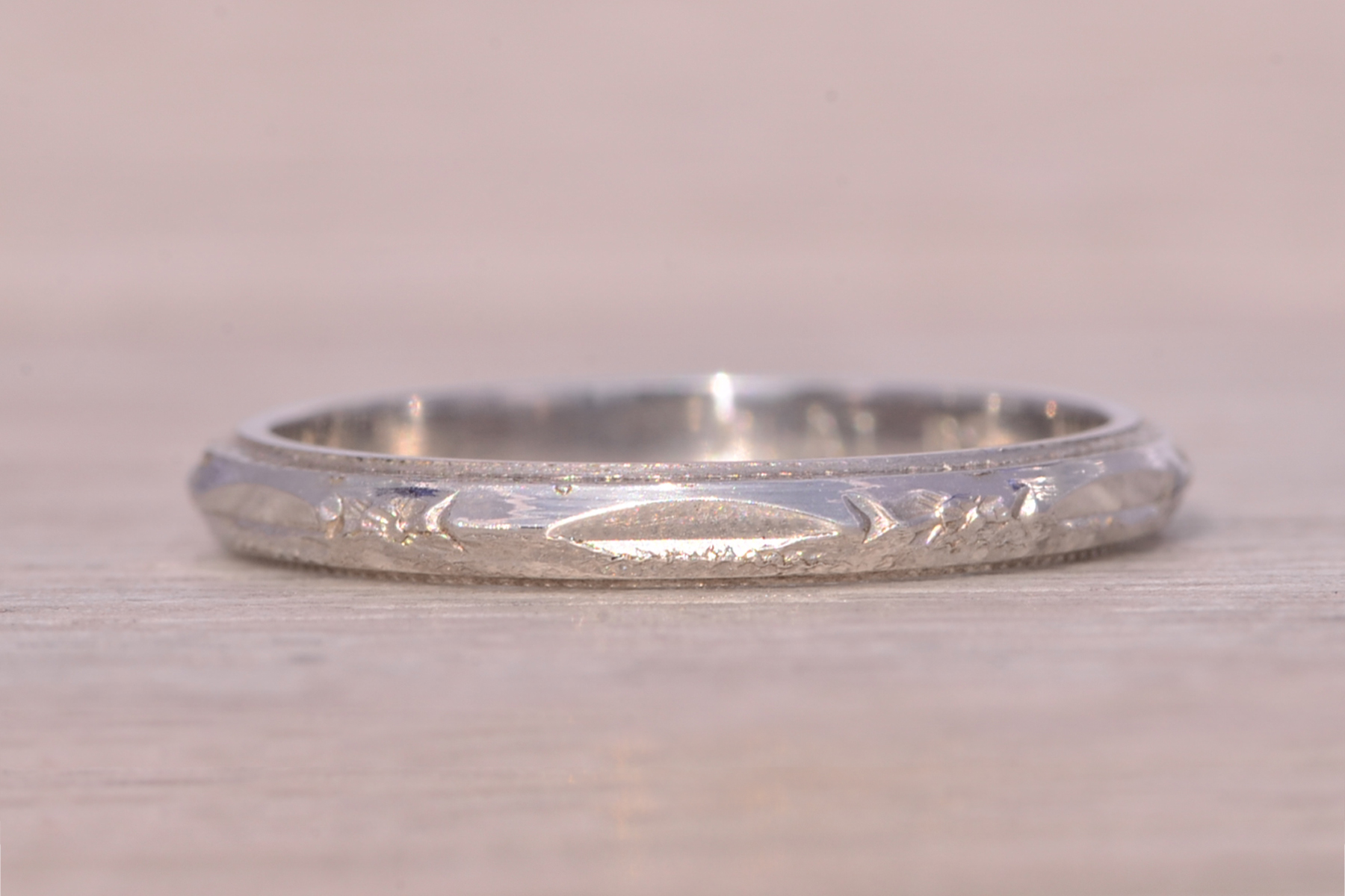 The Jib: Antique Art Deco Era Platinum Wedding Band with Hand Engraving - Image 3