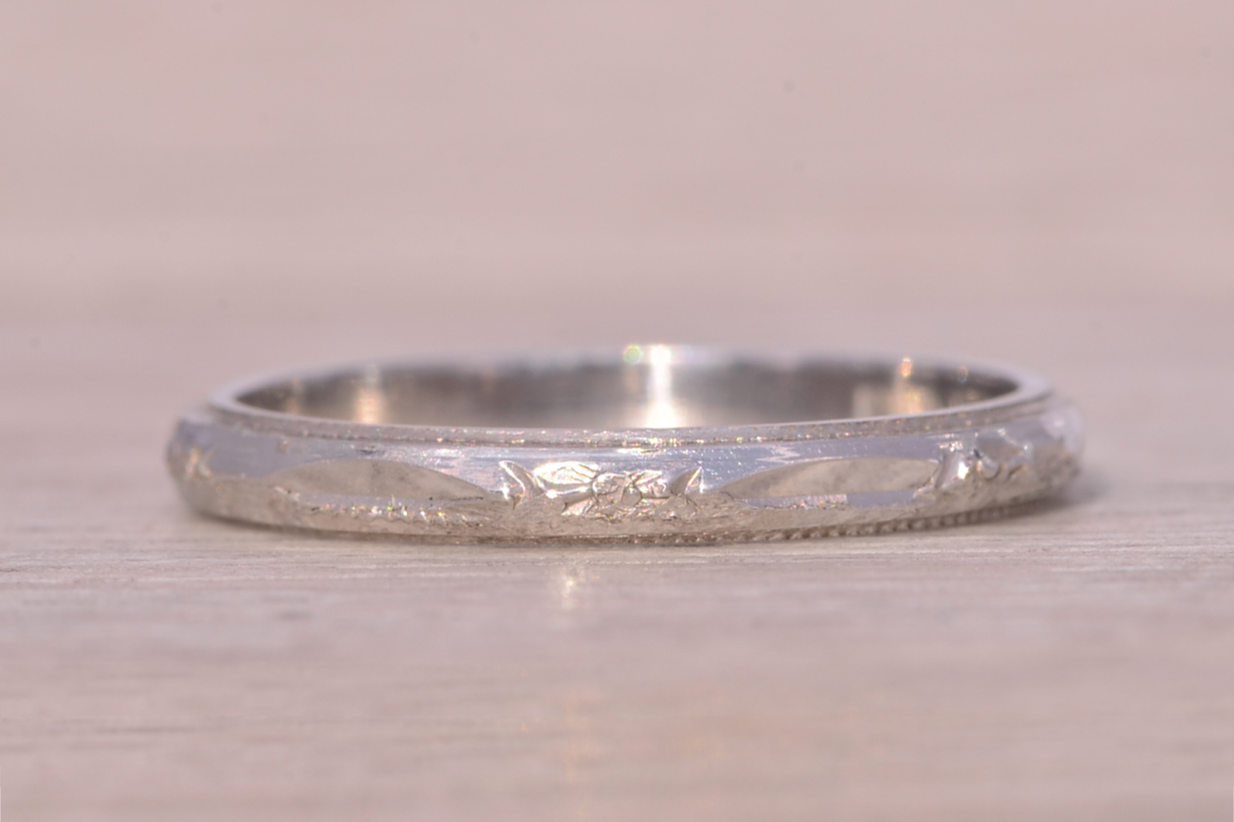 The Jib: Antique Art Deco Era Platinum Wedding Band with Hand Engraving - Image 4